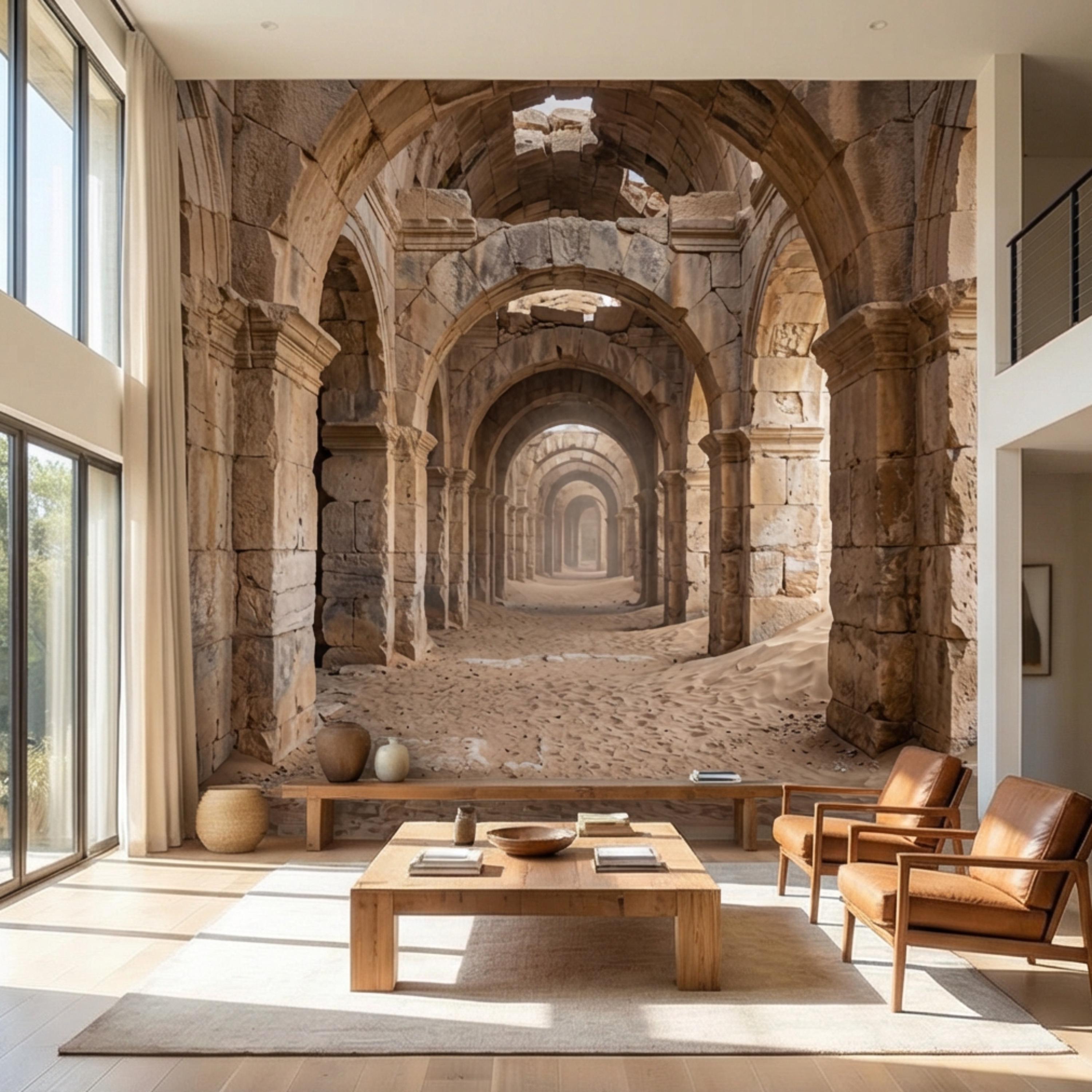 Ancient Roman Archway Ruins Peel and Stick Wall Mural, Old World Stone Corridor Wallpaper