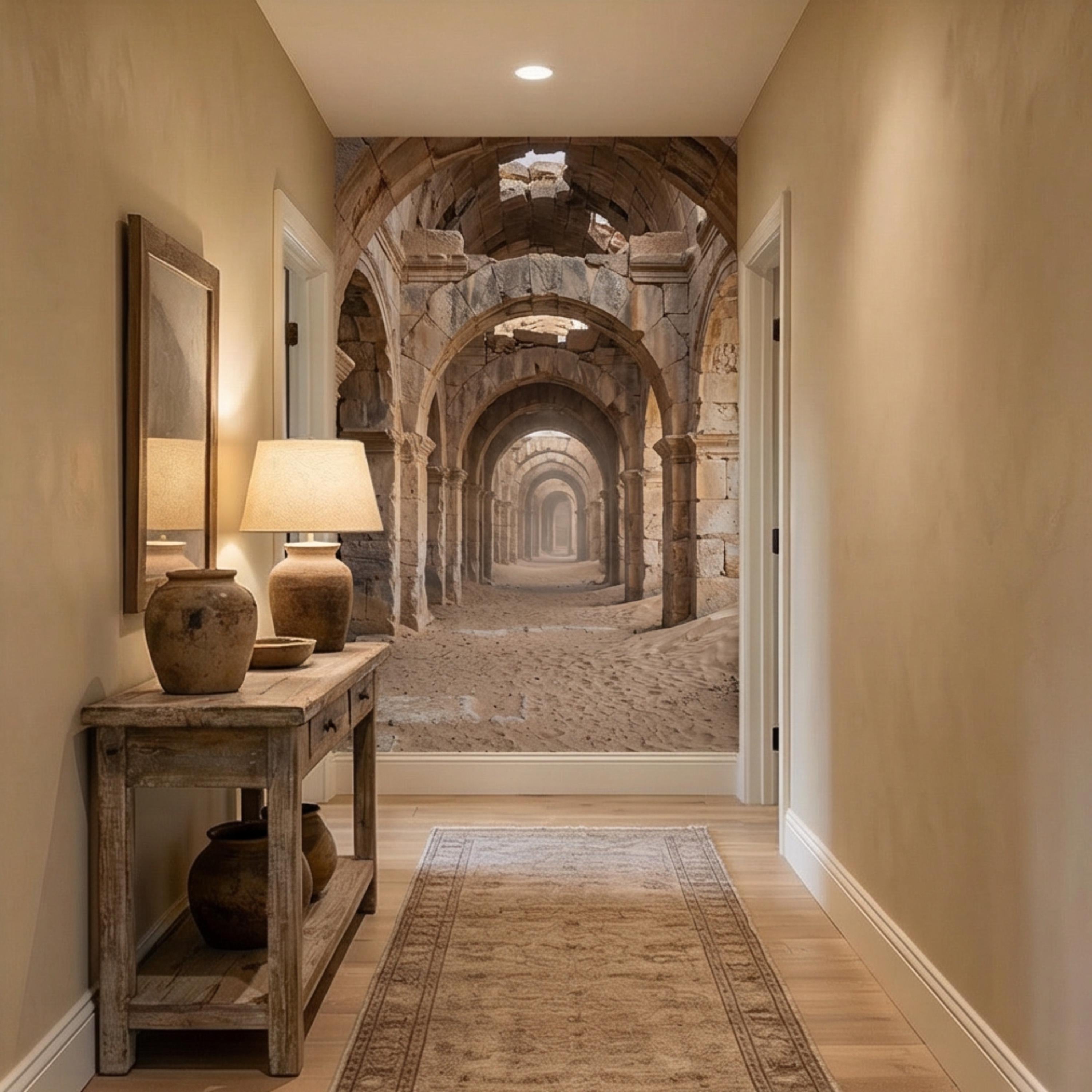 Ancient Roman Archway Ruins Peel and Stick Wall Mural, Old World Stone Corridor Wallpaper