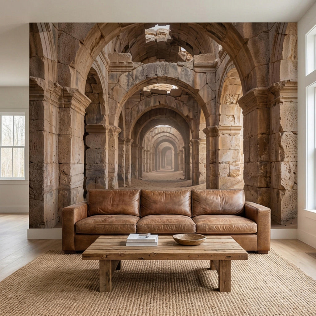 Ancient Roman Archway Ruins Peel and Stick Wall Mural, Old World Stone Corridor Wallpaper