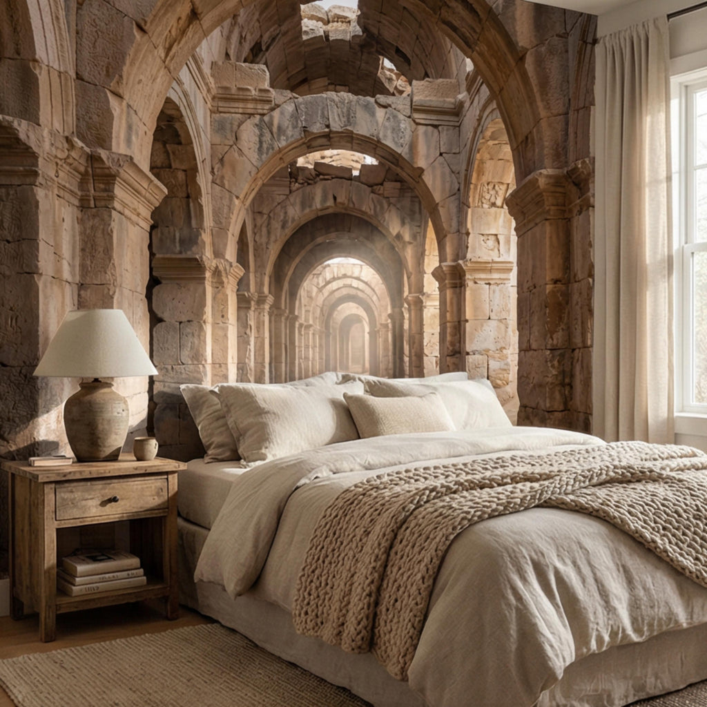 Ancient Roman Archway Ruins Peel and Stick Wall Mural, Old World Stone Corridor Wallpaper