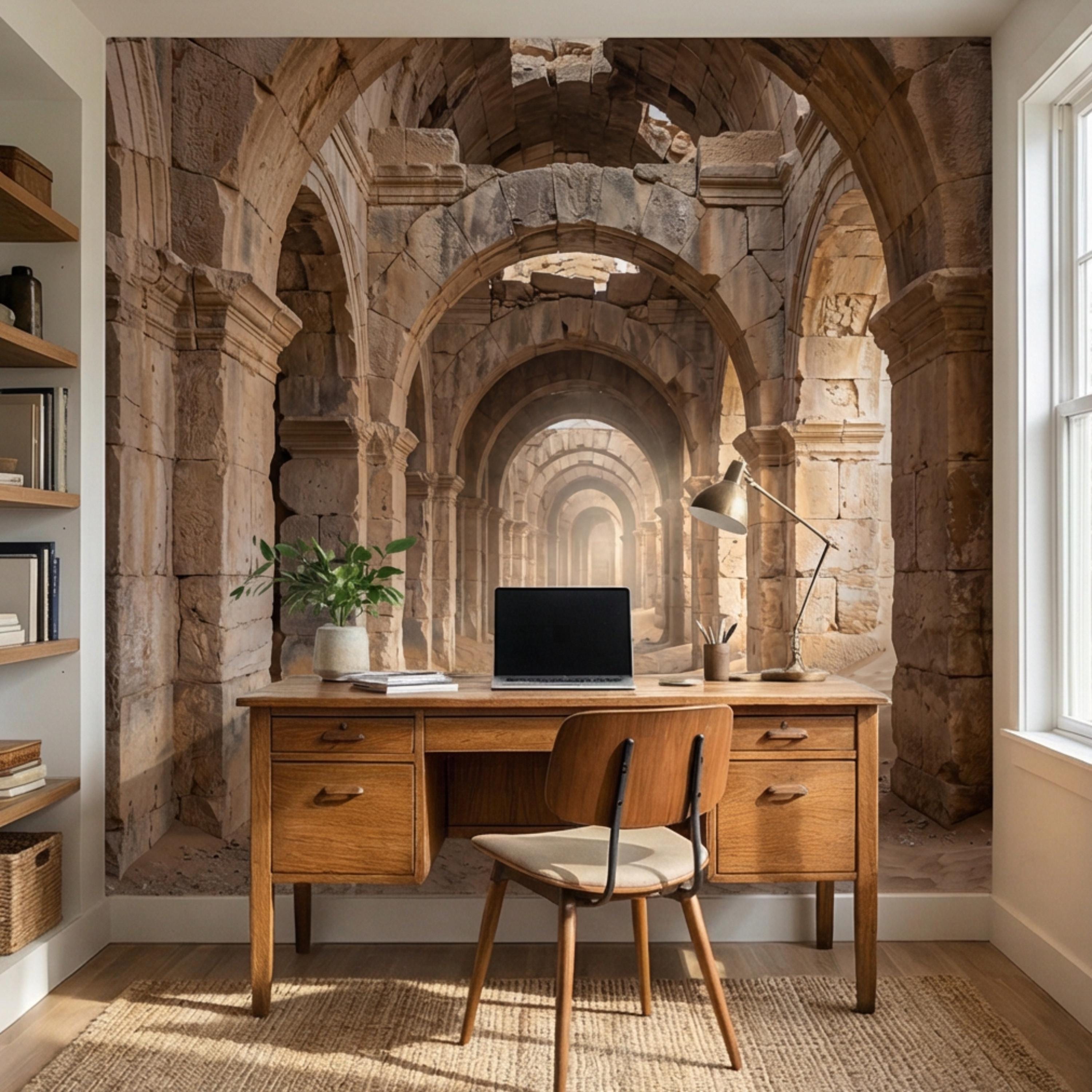 Ancient Roman Archway Ruins Peel and Stick Wall Mural, Old World Stone Corridor Wallpaper