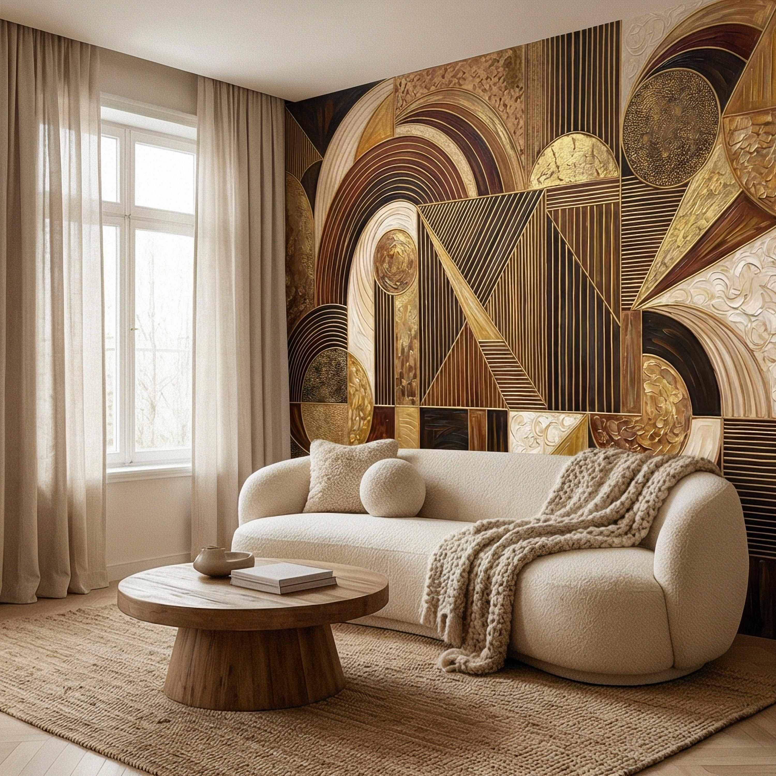 Art Deco Peel and Stick Wall Mural, Geometric Abstract, Luxury Modern Brown Beige Statement Wallpaper