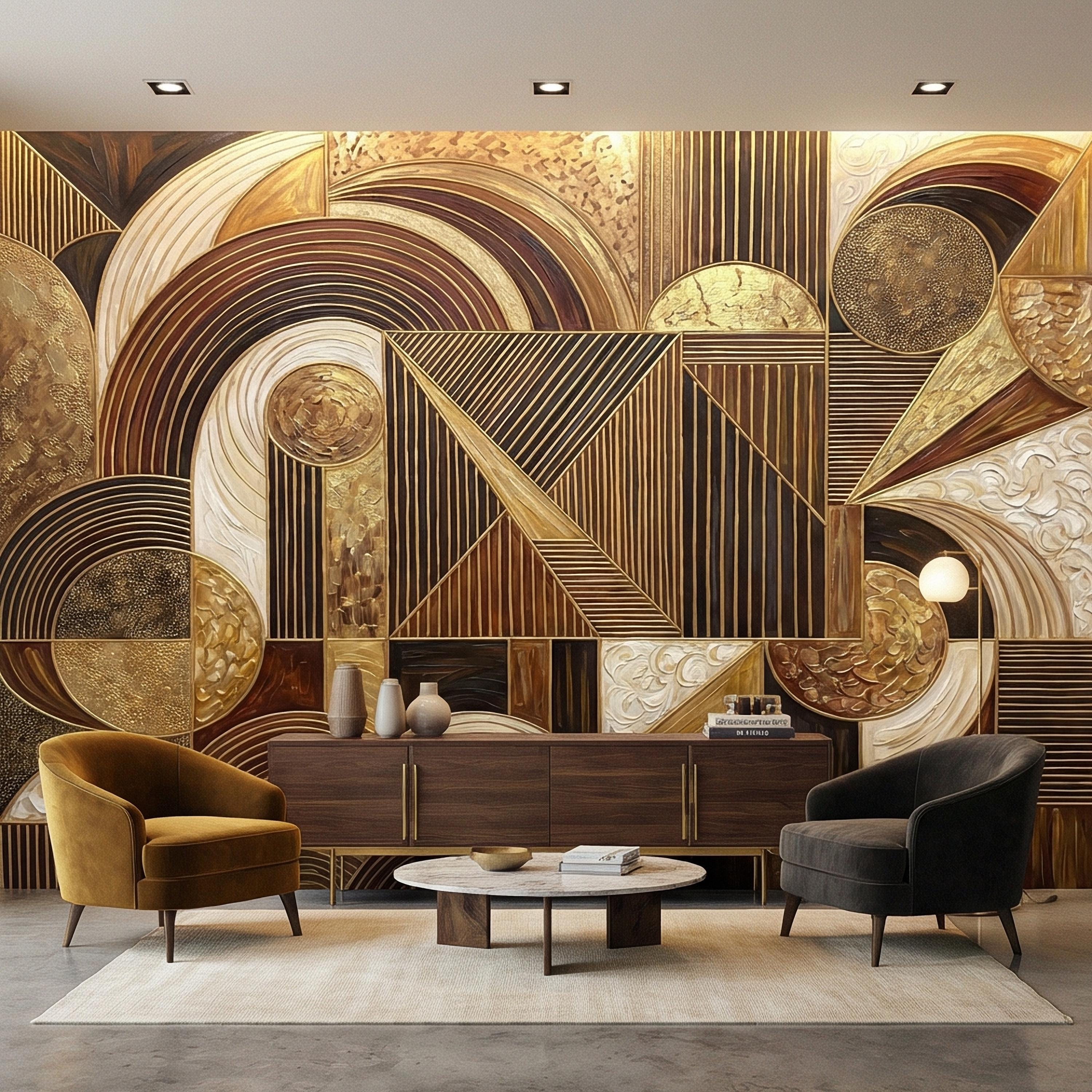 Art Deco Peel and Stick Wall Mural, Geometric Abstract, Luxury Modern Brown Beige Statement Wallpaper