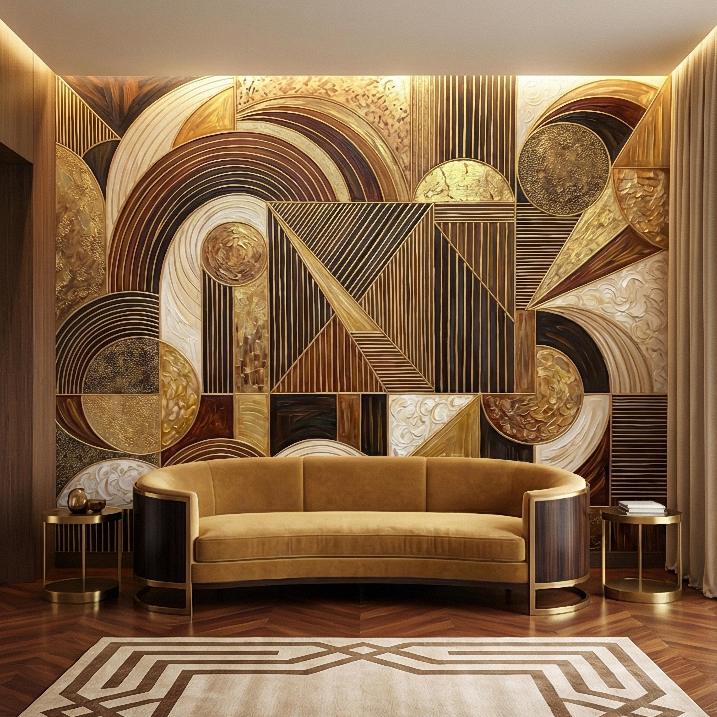 Art Deco Peel and Stick Wall Mural, Geometric Abstract, Luxury Modern Brown Beige Statement Wallpaper