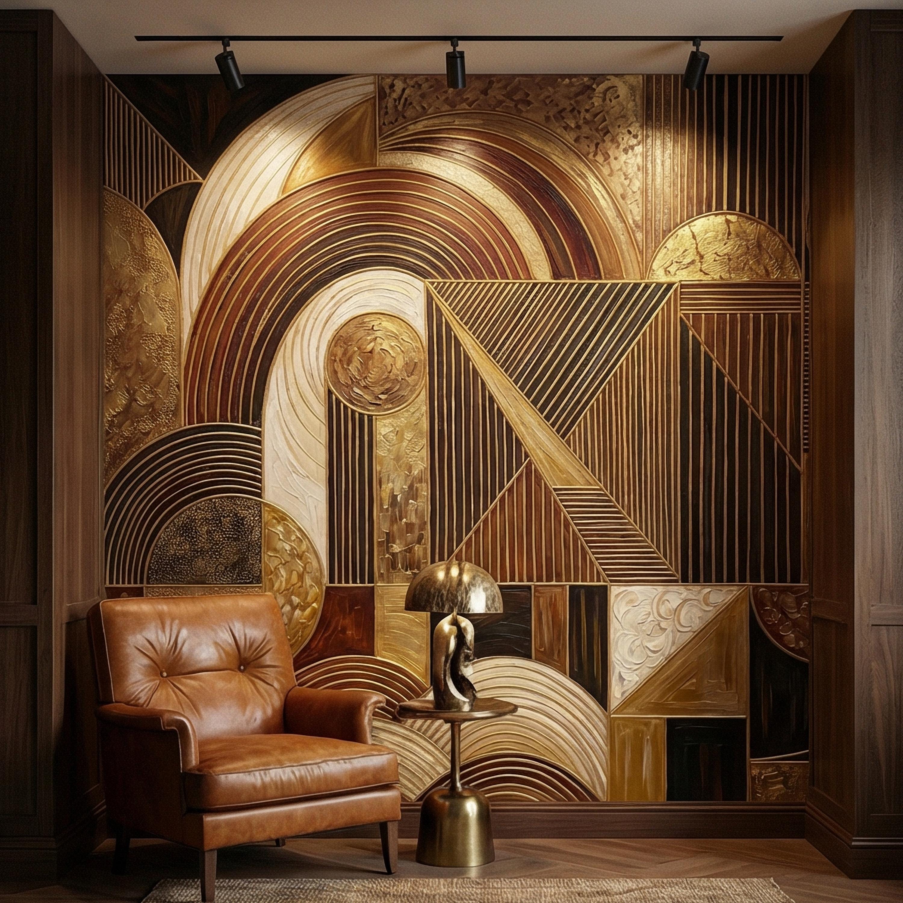 Art Deco Peel and Stick Wall Mural, Geometric Abstract, Luxury Modern Brown Beige Statement Wallpaper