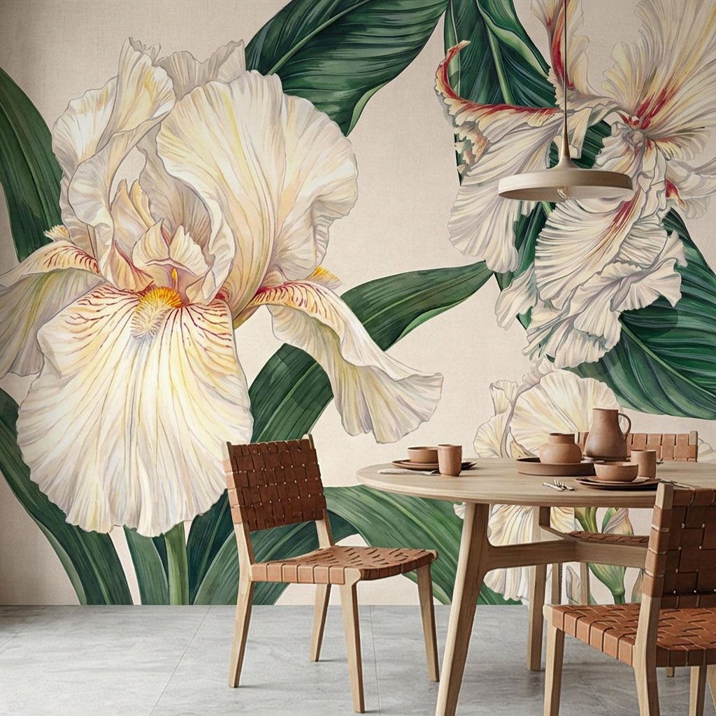 White Iris Peel and Stick Wall Mural, Elegant Botanical Floral, Soft Neutral Bloom, Large Flower Wallpaper