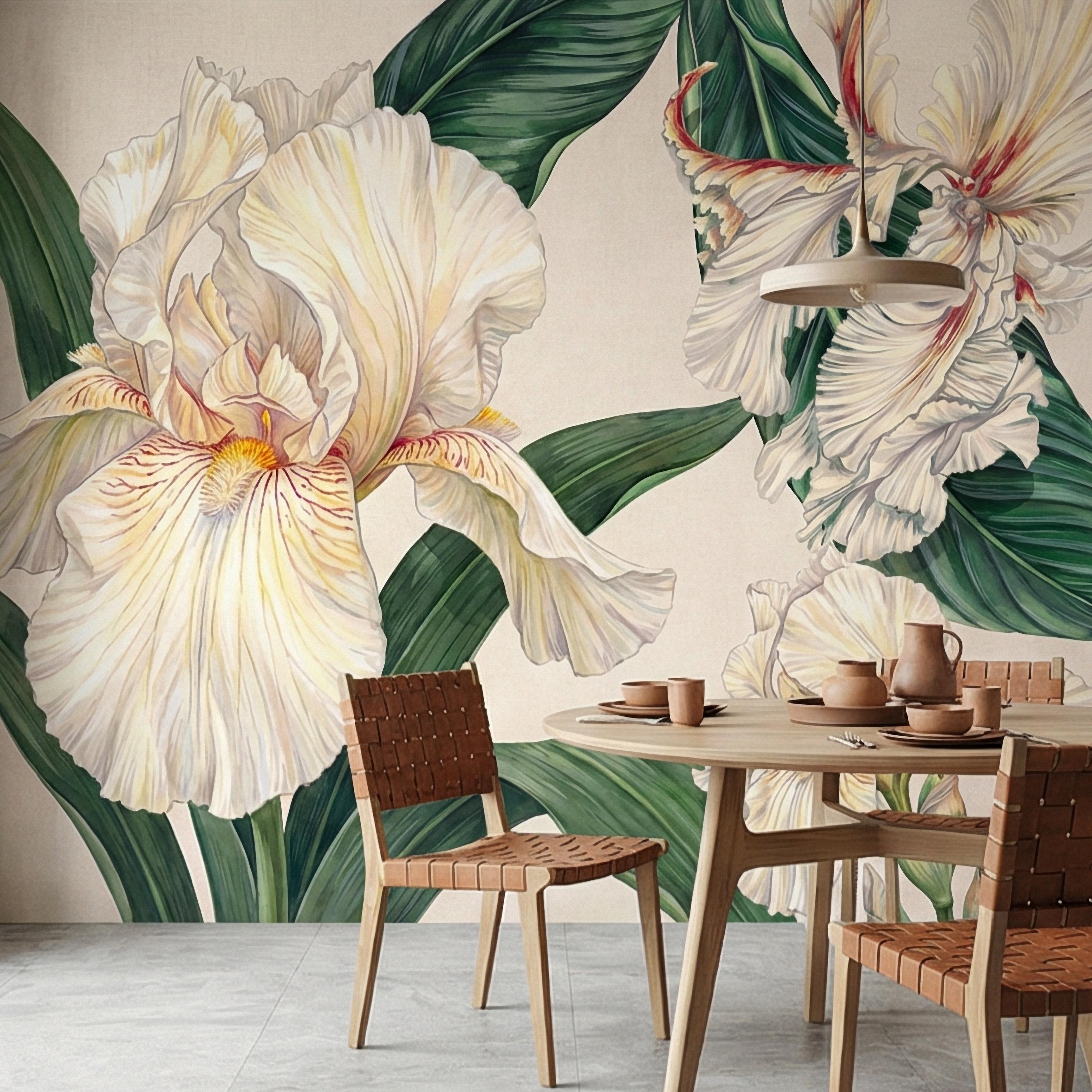 White Iris Peel and Stick Wall Mural, Elegant Botanical Floral, Soft Neutral Bloom, Large Flower Wallpaper
