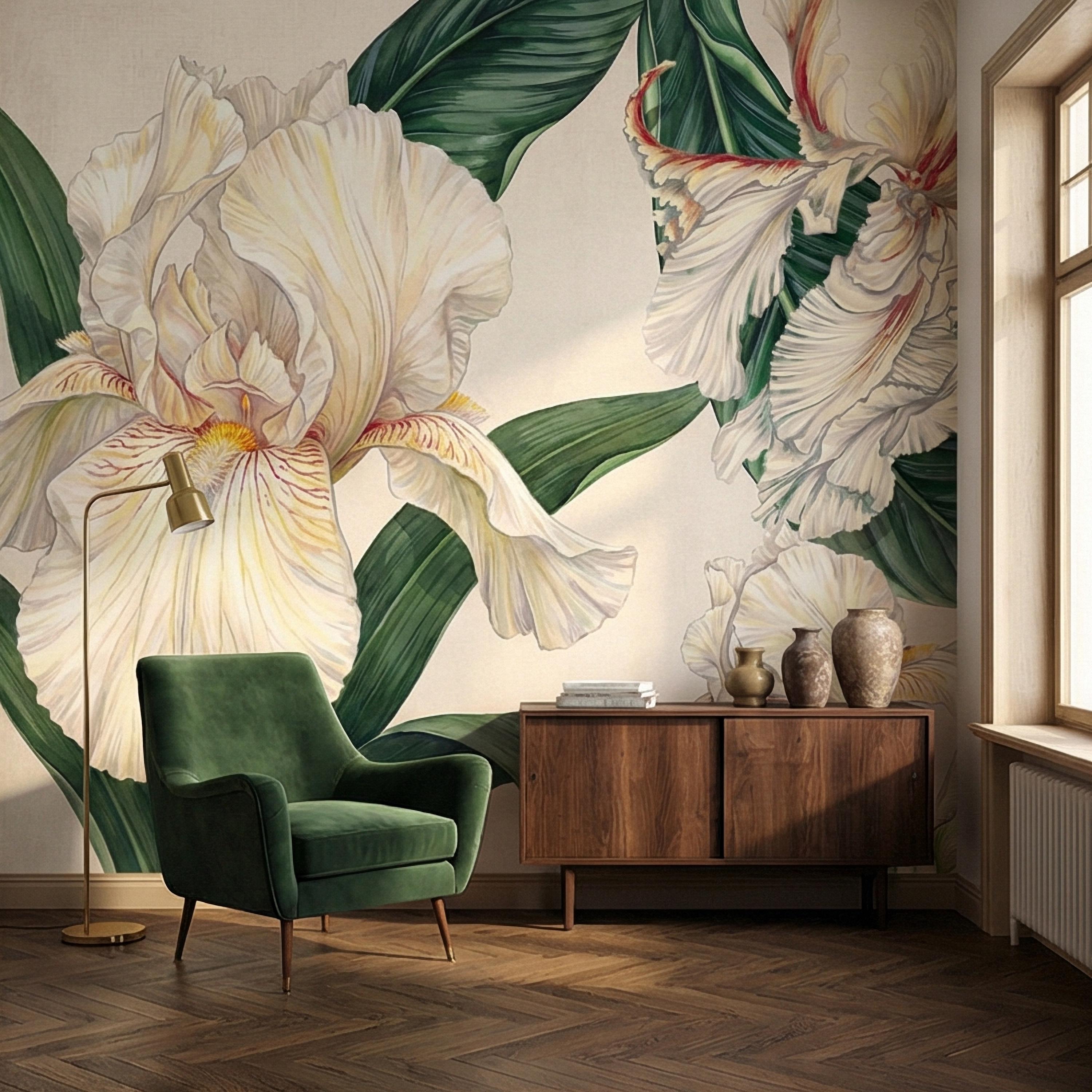White Iris Peel and Stick Wall Mural, Elegant Botanical Floral, Soft Neutral Bloom, Large Flower Wallpaper