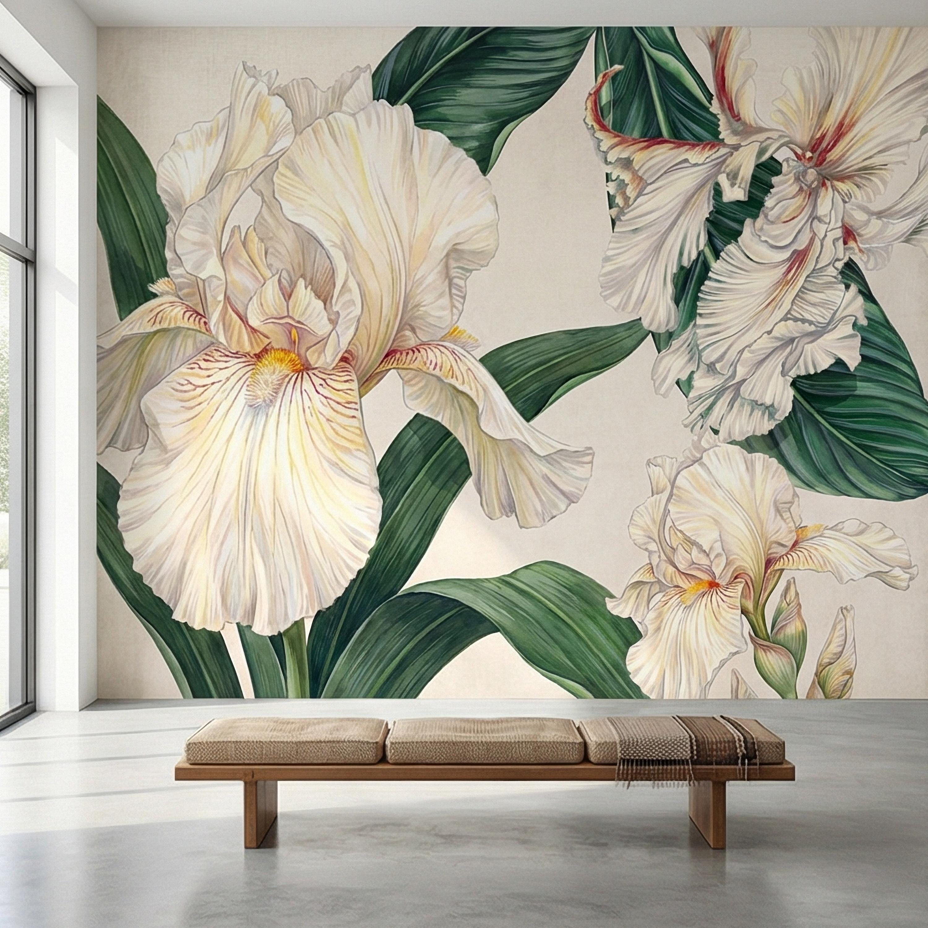 White Iris Peel and Stick Wall Mural, Elegant Botanical Floral, Soft Neutral Bloom, Large Flower Wallpaper