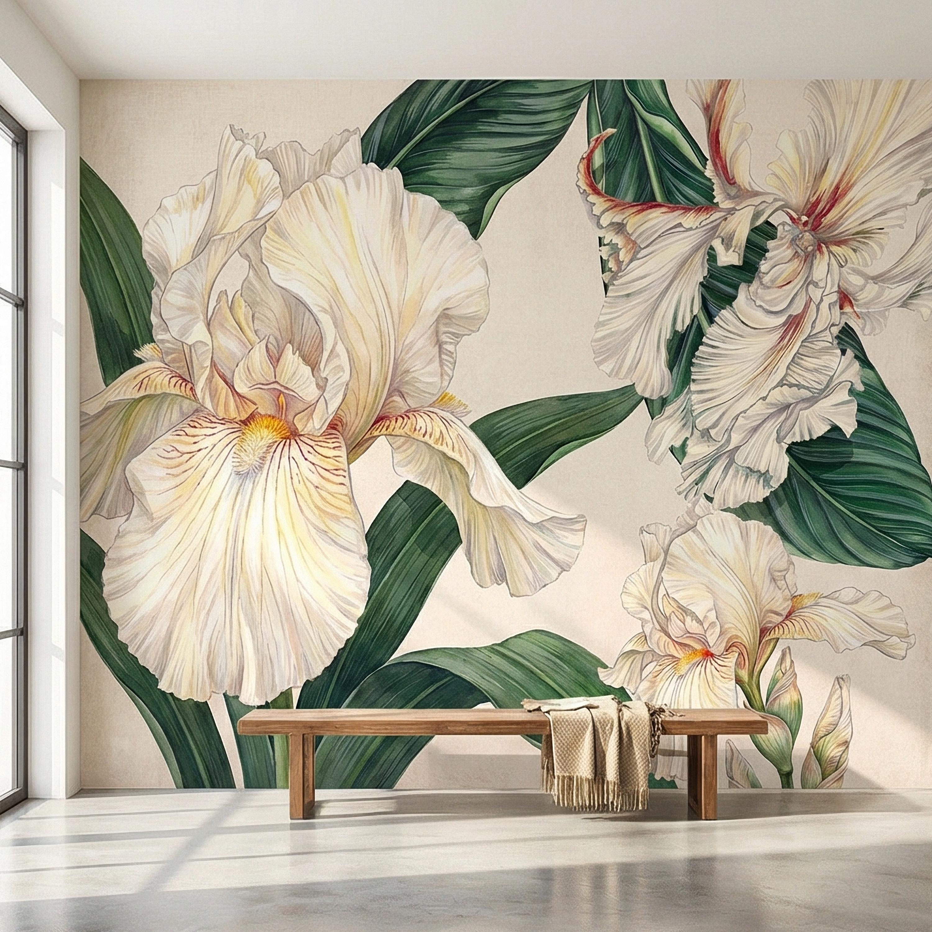 White Iris Peel and Stick Wall Mural, Elegant Botanical Floral, Soft Neutral Bloom, Large Flower Wallpaper