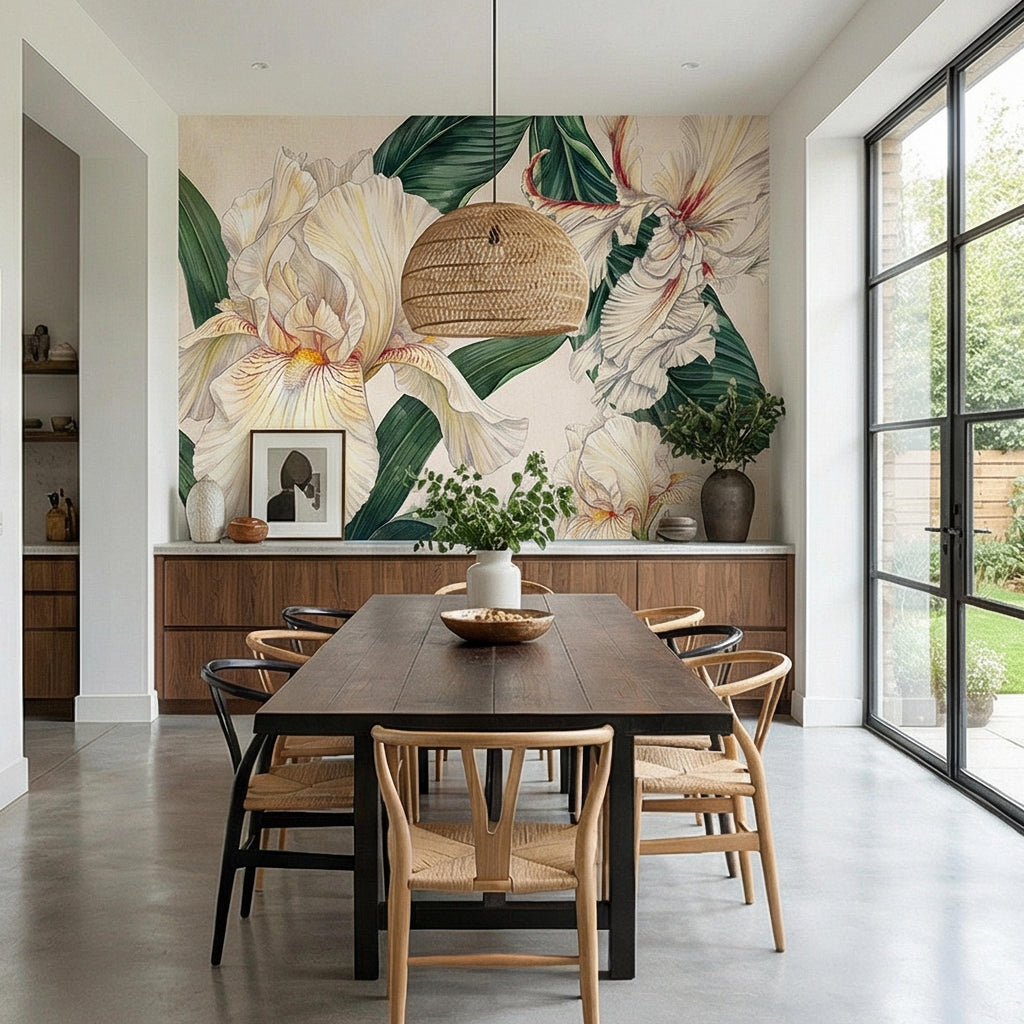 White Iris Peel and Stick Wall Mural, Elegant Botanical Floral, Soft Neutral Bloom, Large Flower Wallpaper