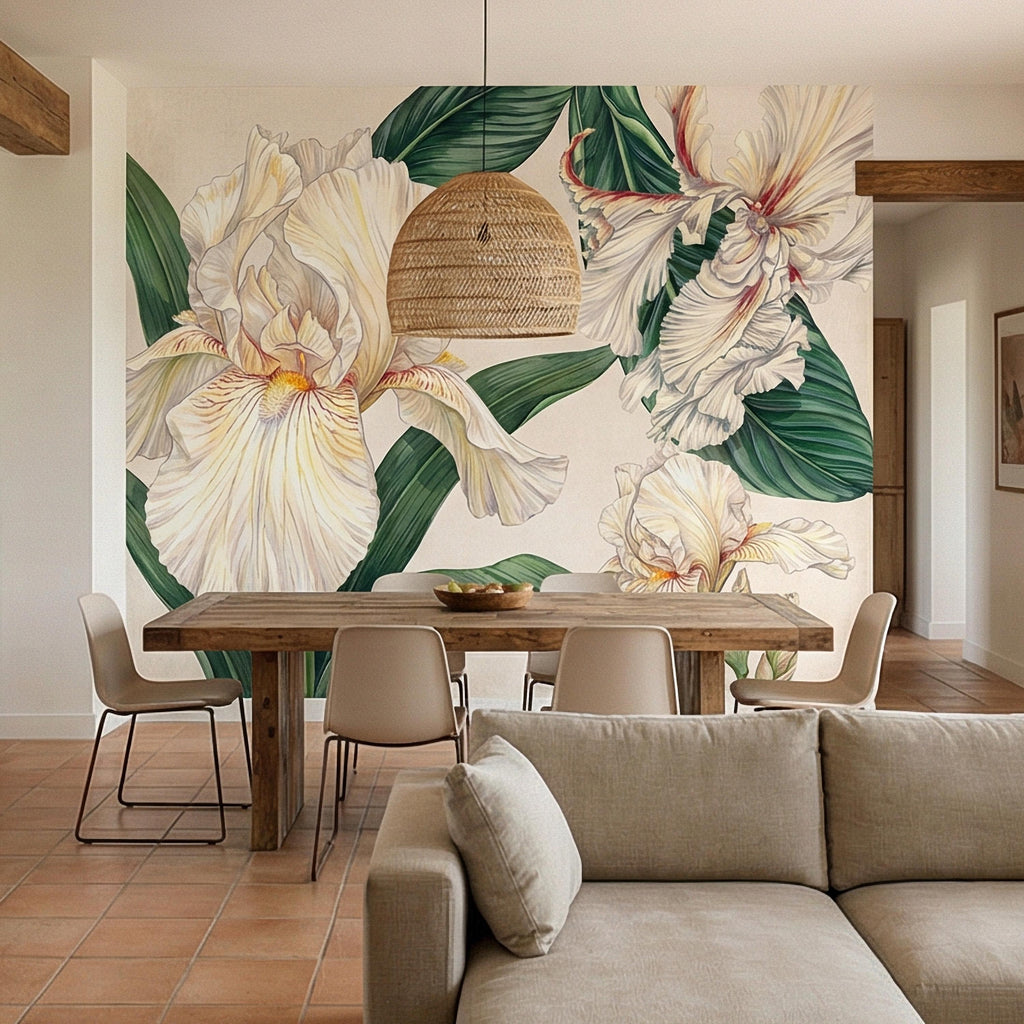 White Iris Peel and Stick Wall Mural, Elegant Botanical Floral, Soft Neutral Bloom, Large Flower Wallpaper