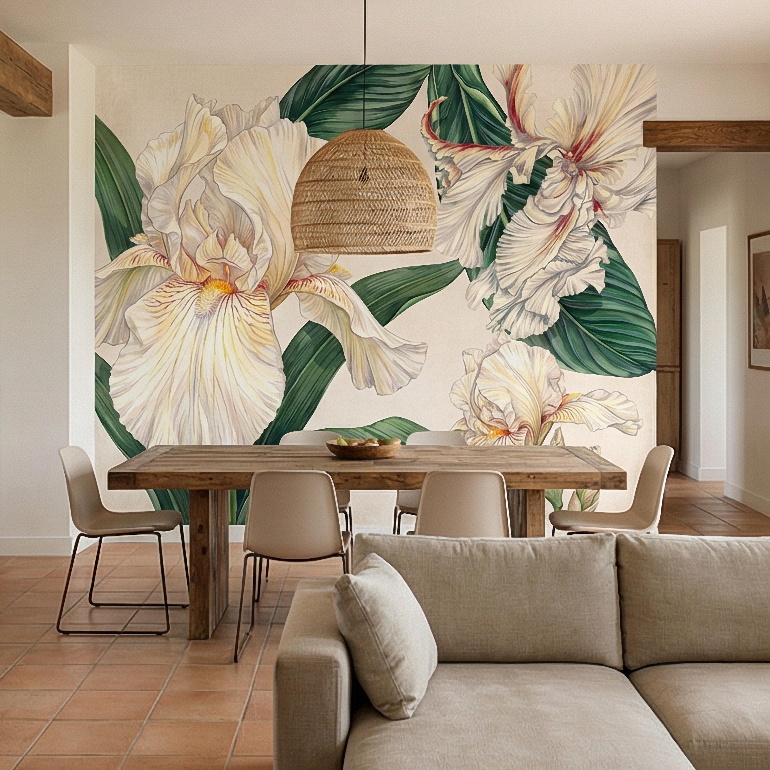 White Iris Peel and Stick Wall Mural, Elegant Botanical Floral, Soft Neutral Bloom, Large Flower Wallpaper