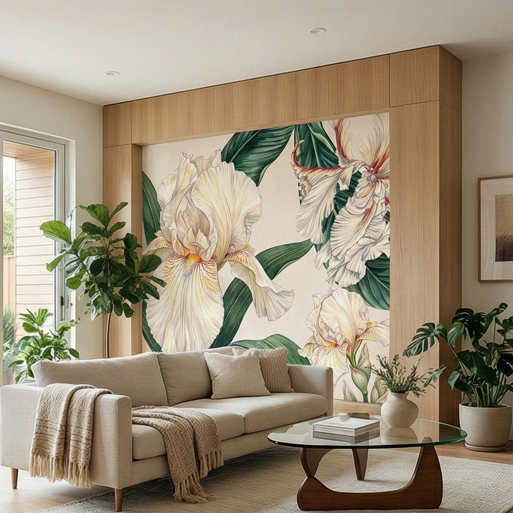 White Iris Peel and Stick Wall Mural, Elegant Botanical Floral, Soft Neutral Bloom, Large Flower Wallpaper
