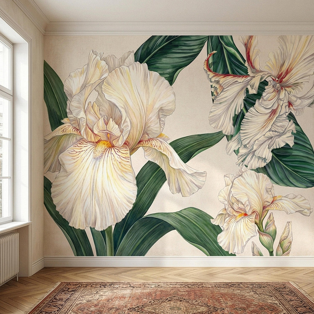 White Iris Peel and Stick Wall Mural, Elegant Botanical Floral, Soft Neutral Bloom, Large Flower Wallpaper