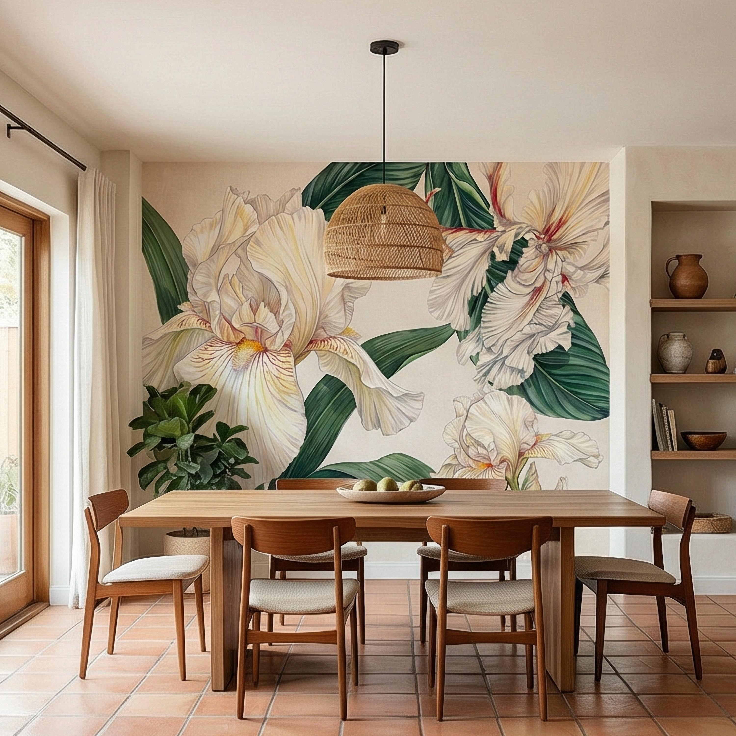 White Iris Peel and Stick Wall Mural, Elegant Botanical Floral, Soft Neutral Bloom, Large Flower Wallpaper