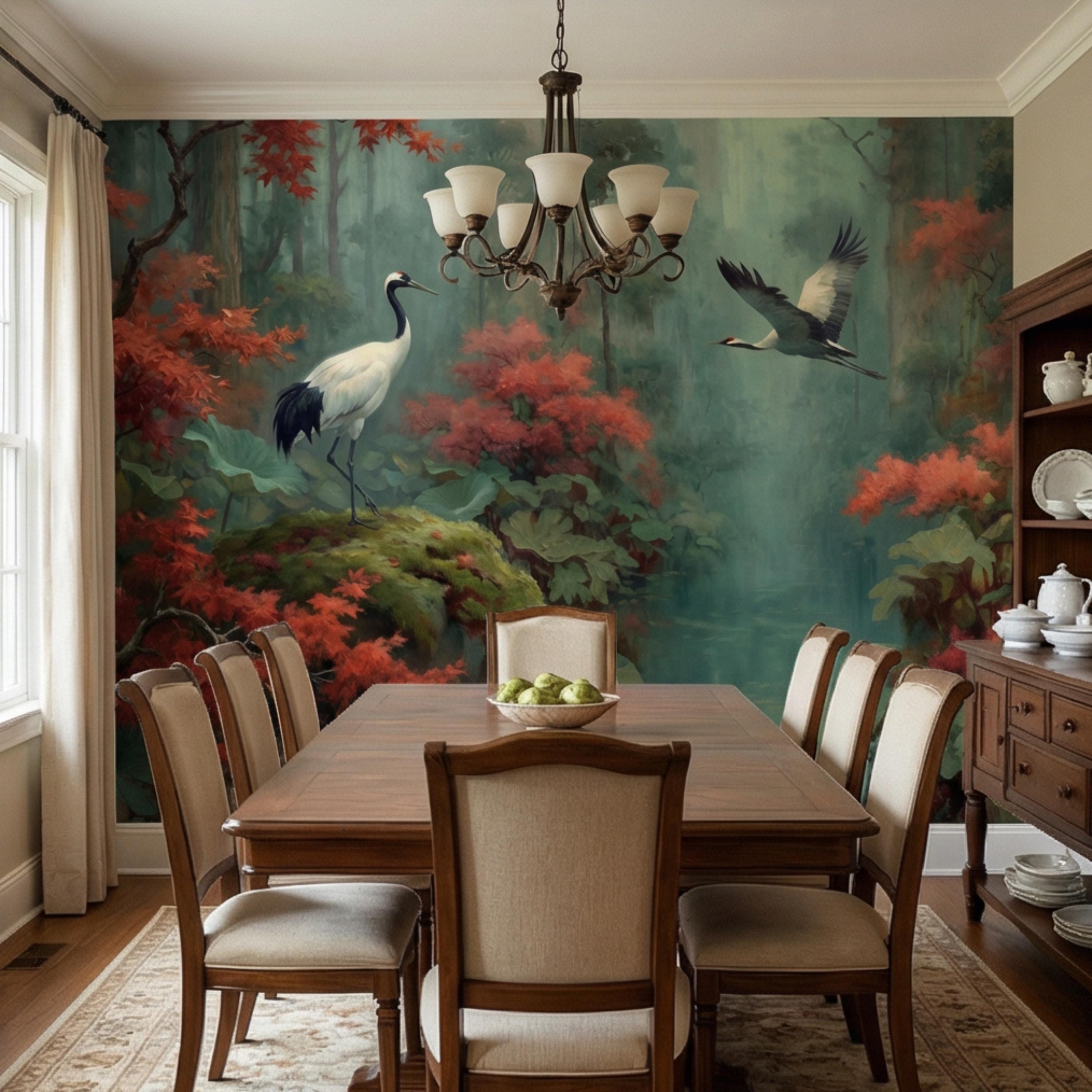 Japanese Crane Misty Forest Serene Lotus Pond with Red Maple Peel and Stick Wall Mural, Oriental Zen Scene Wallpaper