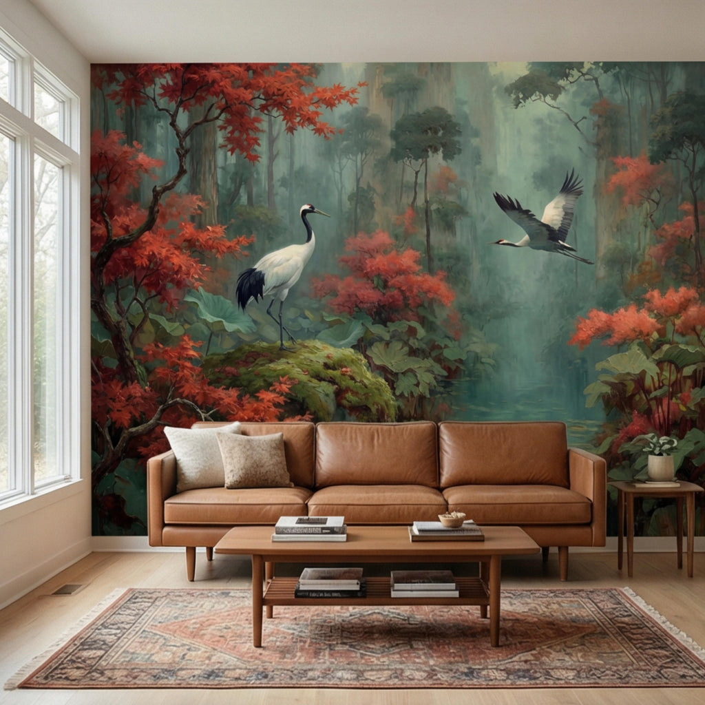 Japanese Crane Misty Forest Serene Lotus Pond with Red Maple Peel and Stick Wall Mural, Oriental Zen Scene Wallpaper