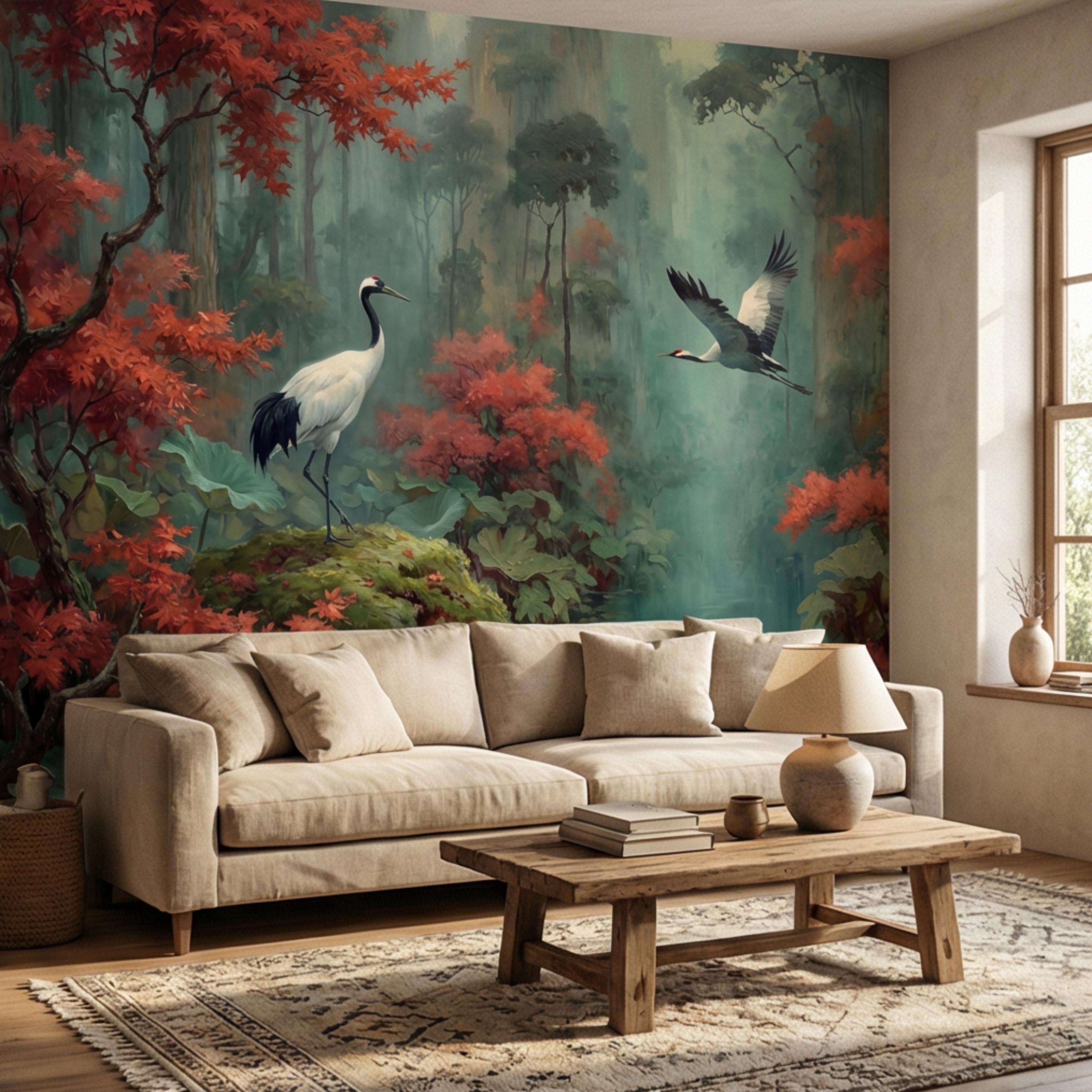 Japanese Crane Misty Forest Serene Lotus Pond with Red Maple Peel and Stick Wall Mural, Oriental Zen Scene Wallpaper