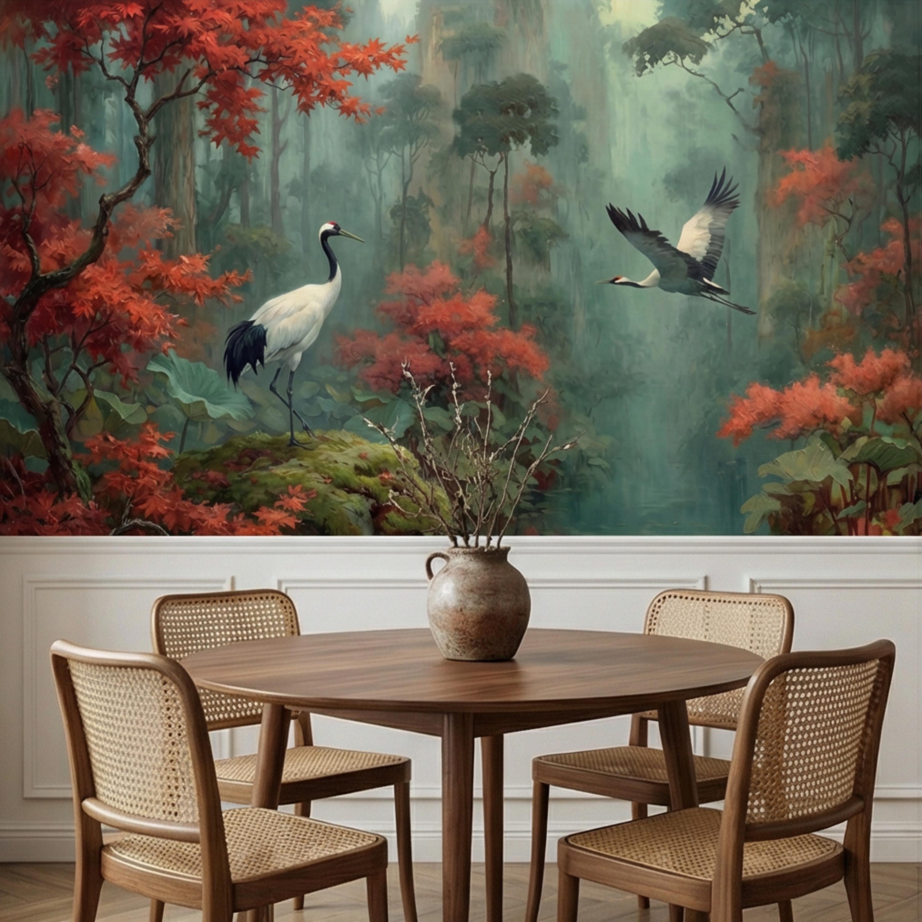 Japanese Crane Misty Forest Serene Lotus Pond with Red Maple Peel and Stick Wall Mural, Oriental Zen Scene Wallpaper