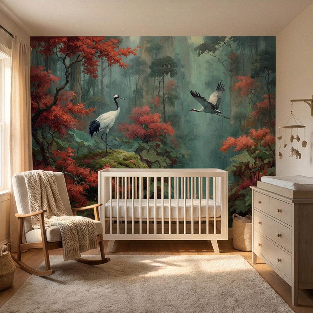 Japanese Crane Misty Forest Serene Lotus Pond with Red Maple Peel and Stick Wall Mural, Oriental Zen Scene Wallpaper