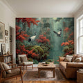 Japanese Crane Misty Forest Serene Lotus Pond with Red Maple Peel and Stick Wall Mural, Oriental Zen Scene Wallpaper