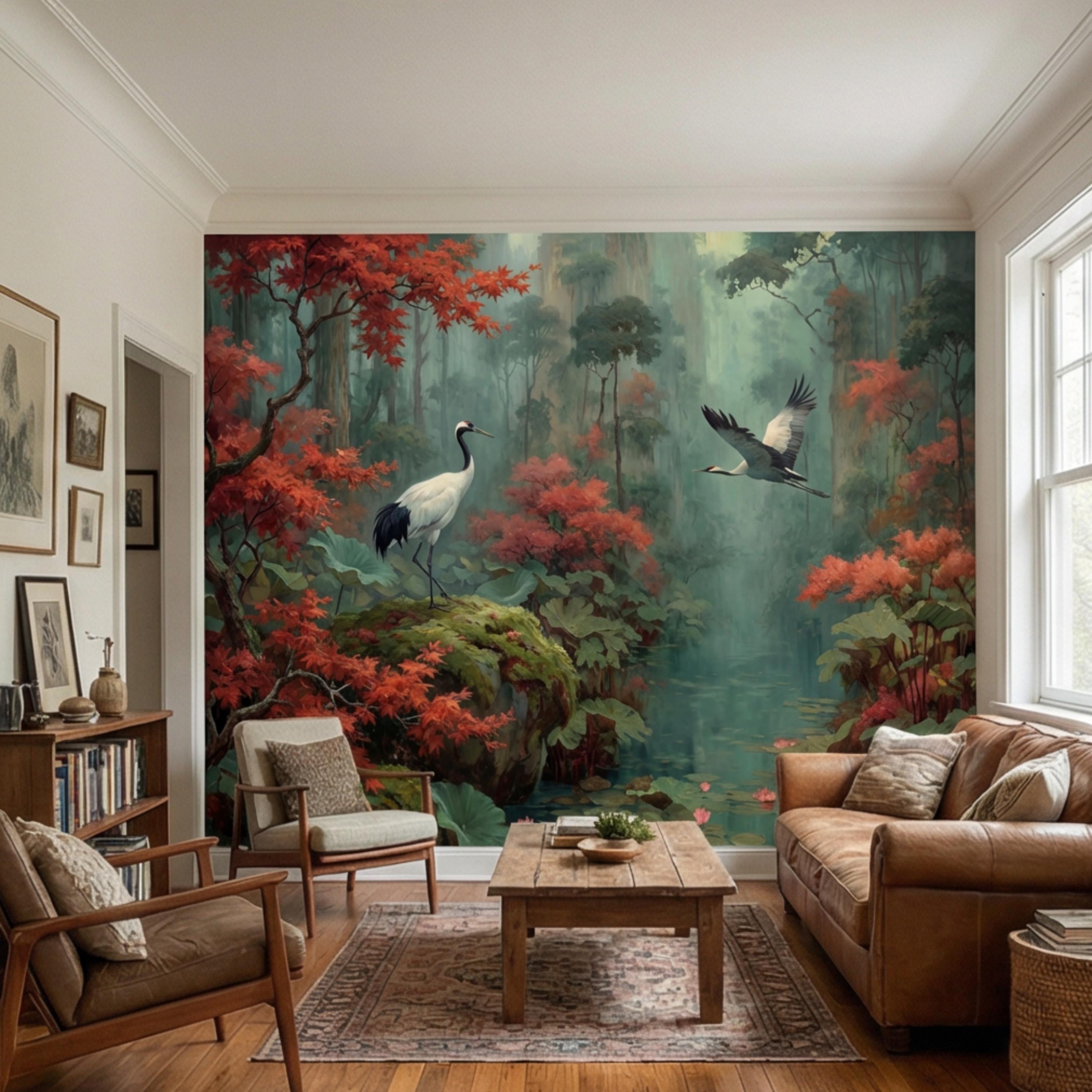Japanese Crane Misty Forest Serene Lotus Pond with Red Maple Peel and Stick Wall Mural, Oriental Zen Scene Wallpaper