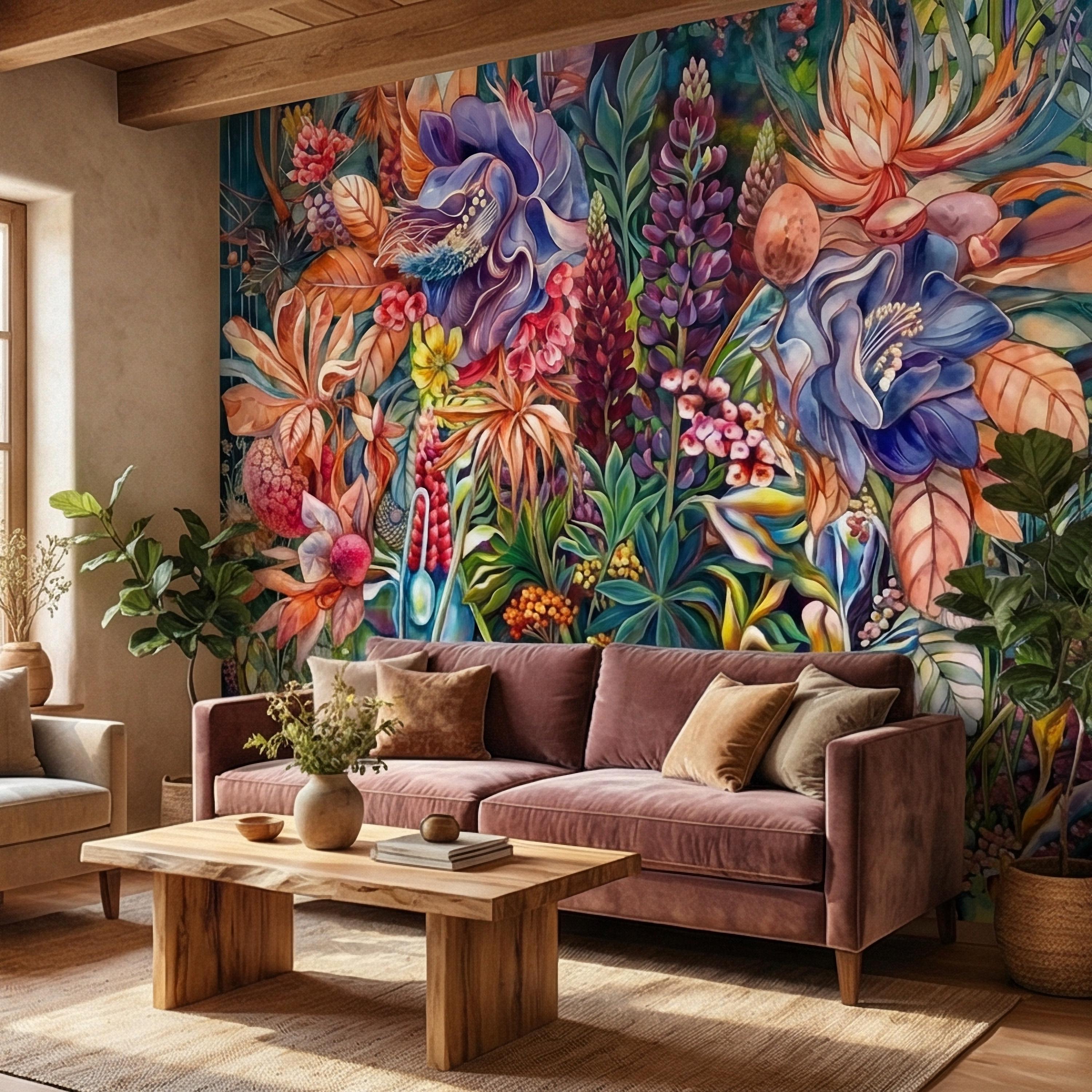 Bold Botanical Peel and Stick Wall Mural, Colorful Abstract Floral, Maximalist Garden Bloom, Artistic Statement Wallpaper