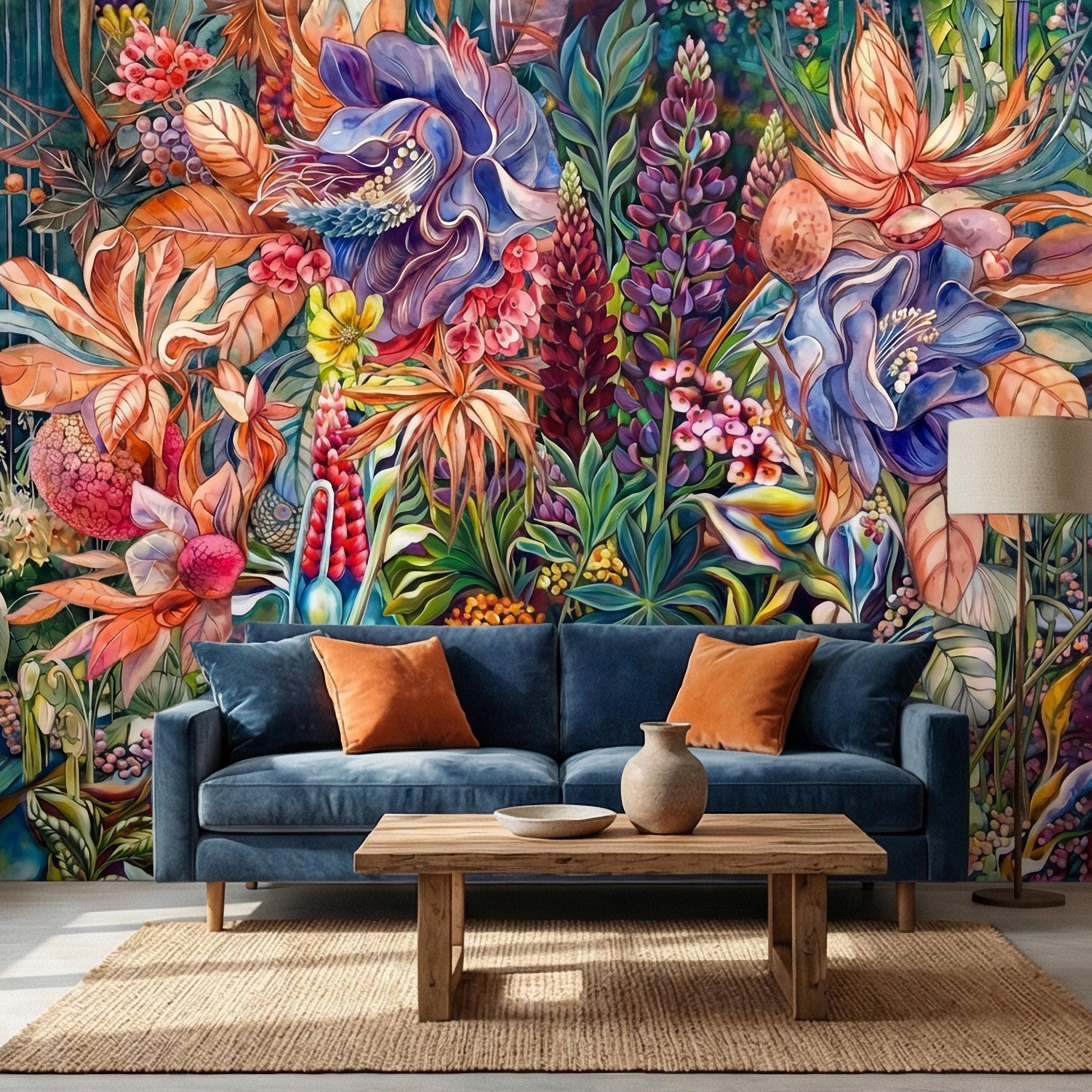Bold Botanical Peel and Stick Wall Mural, Colorful Abstract Floral, Maximalist Garden Bloom, Artistic Statement Wallpaper