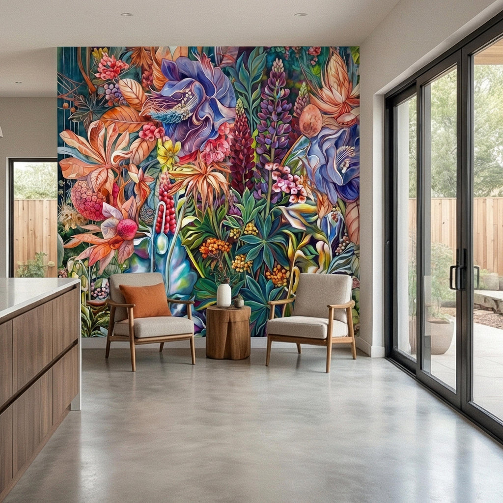Bold Botanical Peel and Stick Wall Mural, Colorful Abstract Floral, Maximalist Garden Bloom, Artistic Statement Wallpaper