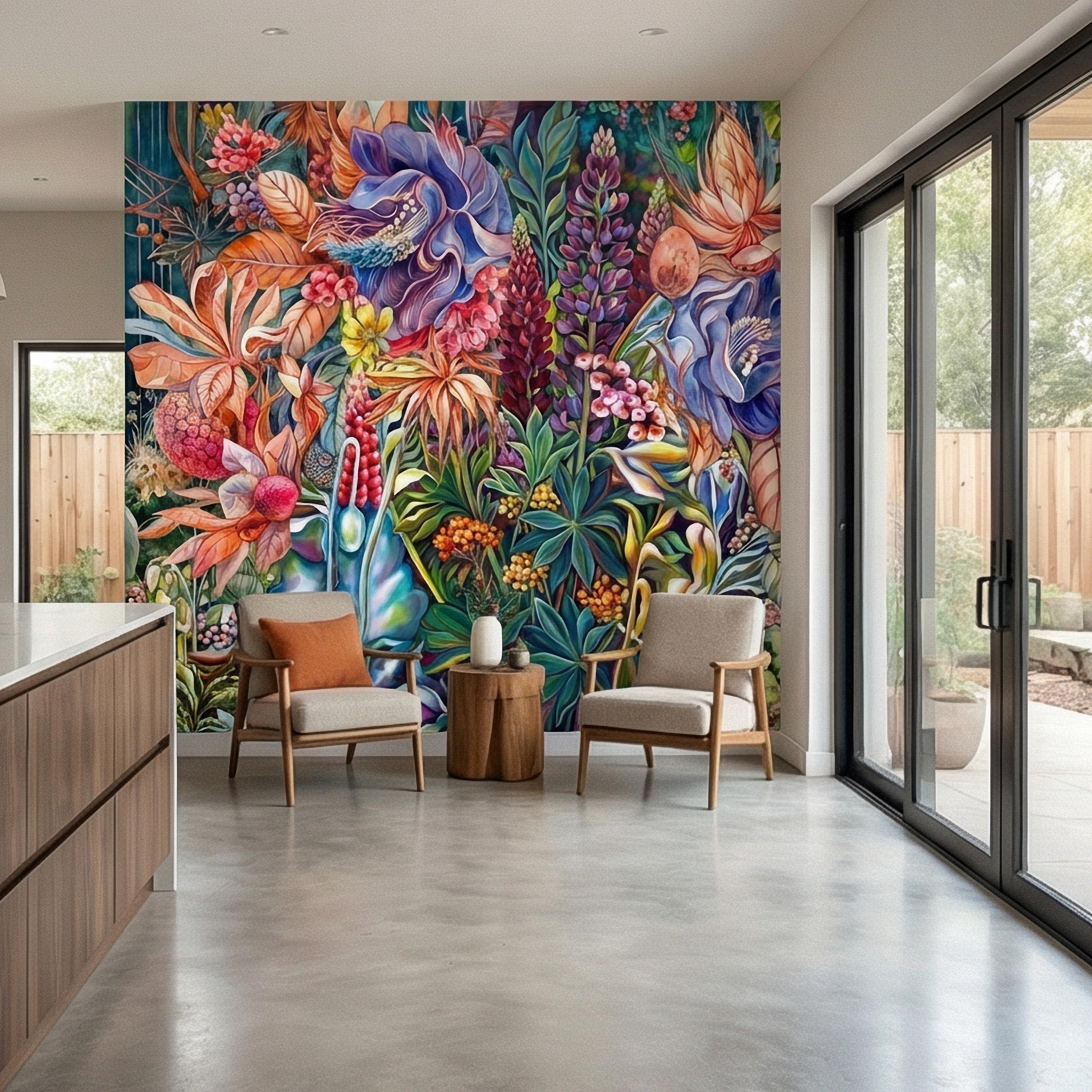 Bold Botanical Peel and Stick Wall Mural, Colorful Abstract Floral, Maximalist Garden Bloom, Artistic Statement Wallpaper