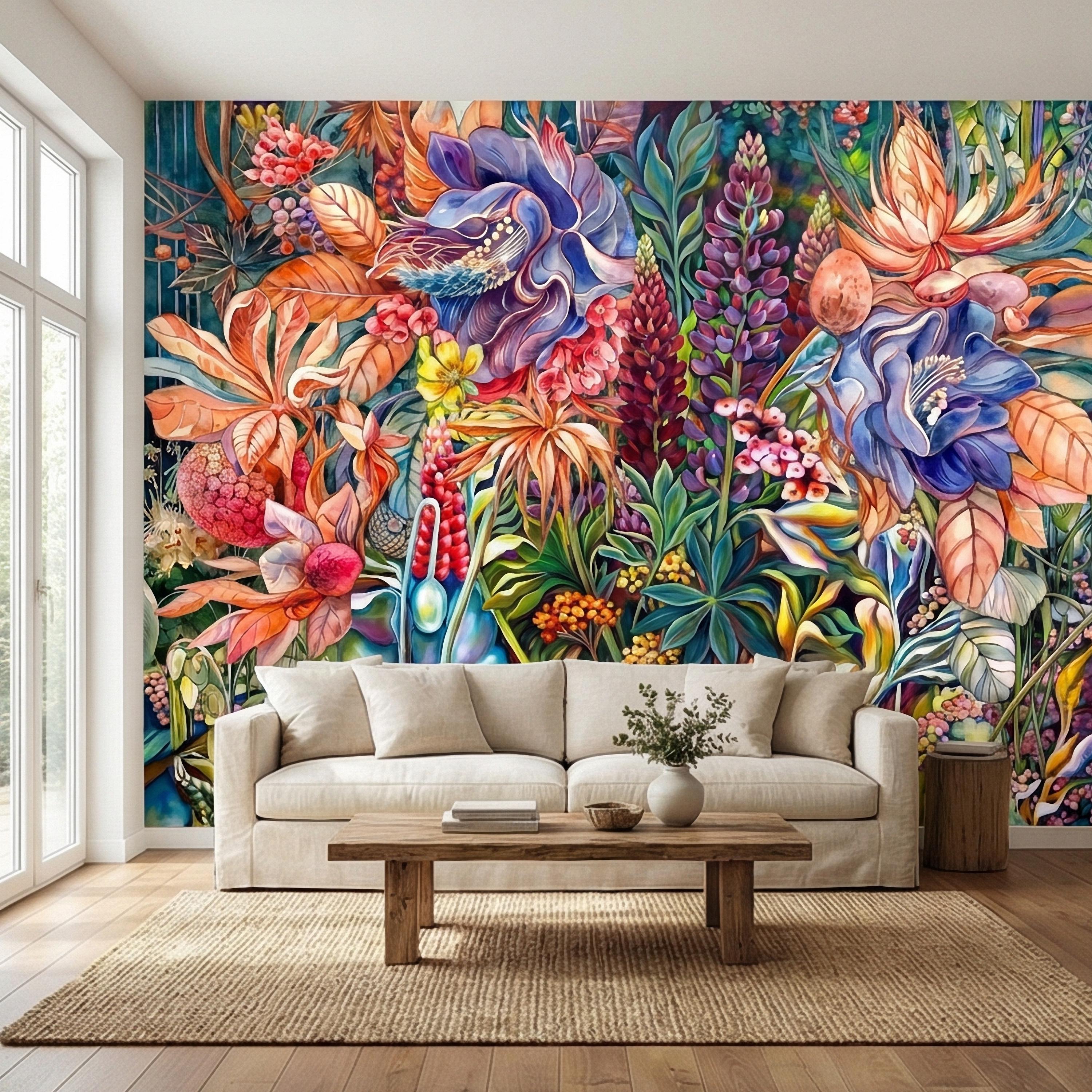 Bold Botanical Peel and Stick Wall Mural, Colorful Abstract Floral, Maximalist Garden Bloom, Artistic Statement Wallpaper