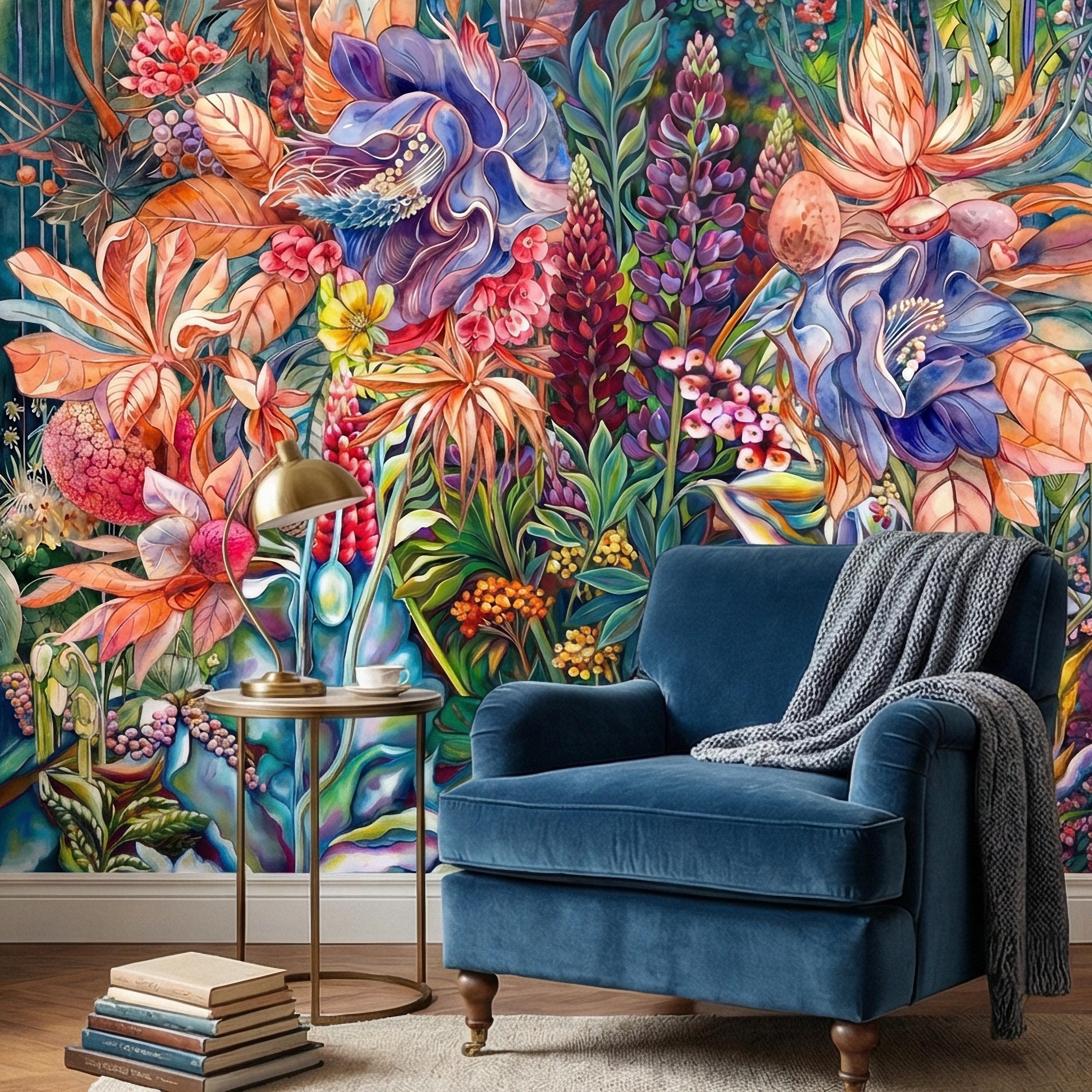 Bold Botanical Peel and Stick Wall Mural, Colorful Abstract Floral, Maximalist Garden Bloom, Artistic Statement Wallpaper