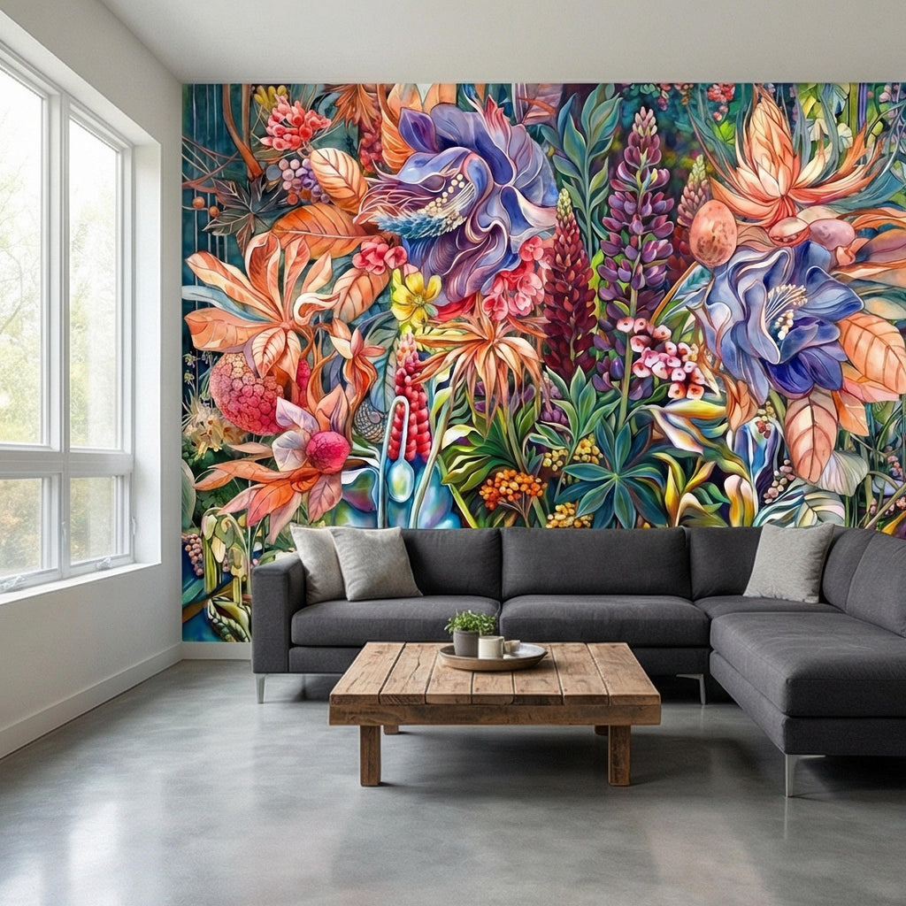 Bold Botanical Peel and Stick Wall Mural, Colorful Abstract Floral, Maximalist Garden Bloom, Artistic Statement Wallpaper
