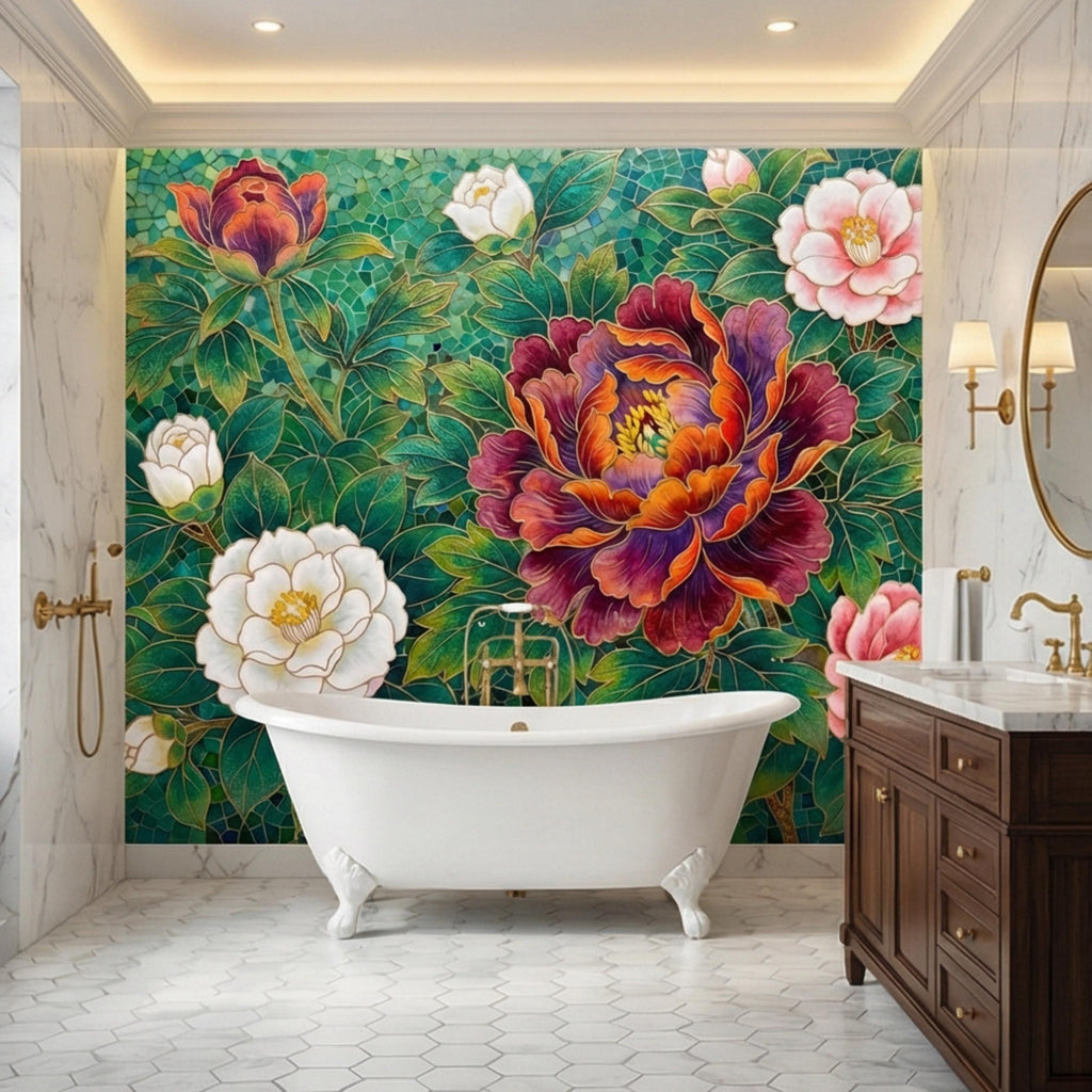 Art Nouveau Emerald Peony Mosaic Peel and Stick Wall Mural, Ornamental Floral Botanical Wallpaper