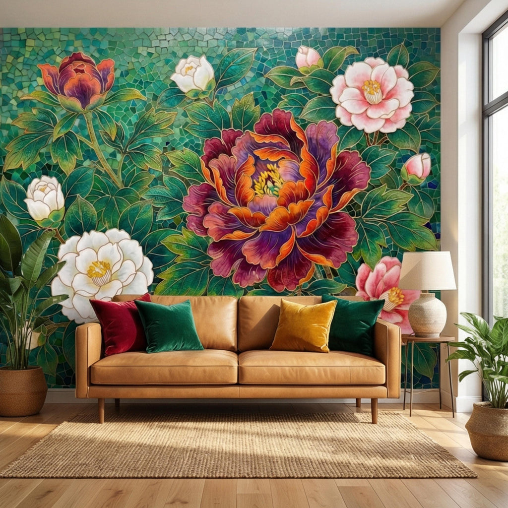 Art Nouveau Emerald Peony Mosaic Peel and Stick Wall Mural, Ornamental Floral Botanical Wallpaper