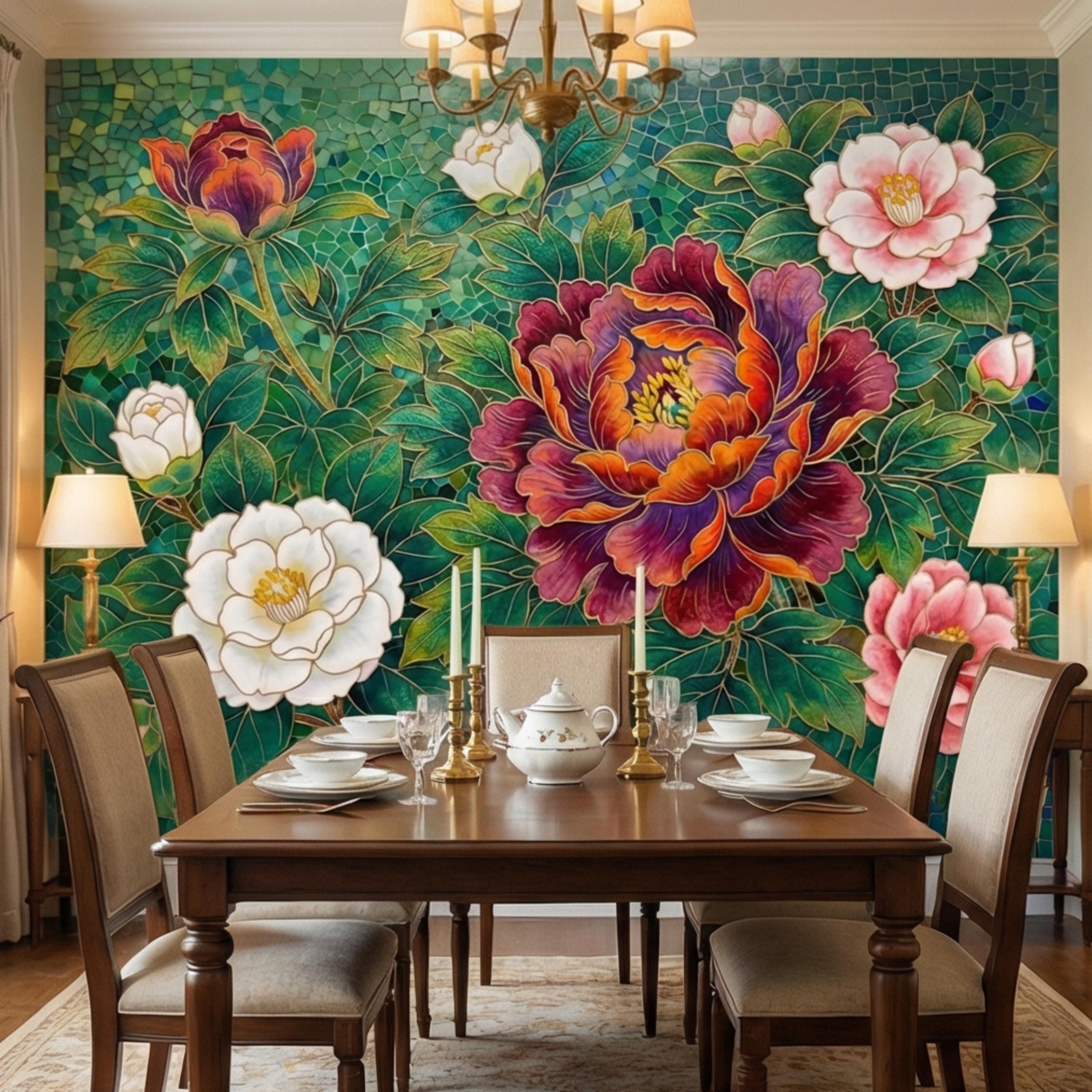 Art Nouveau Emerald Peony Mosaic Peel and Stick Wall Mural, Ornamental Floral Botanical Wallpaper