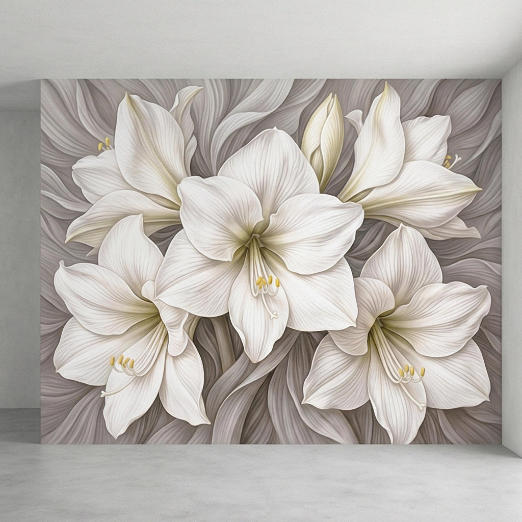 White Lily Peel and Stick Wall Mural, Neutral Floral, Elegant Large Bloom Botanical, Soft Taupe Luxury Wallpaper