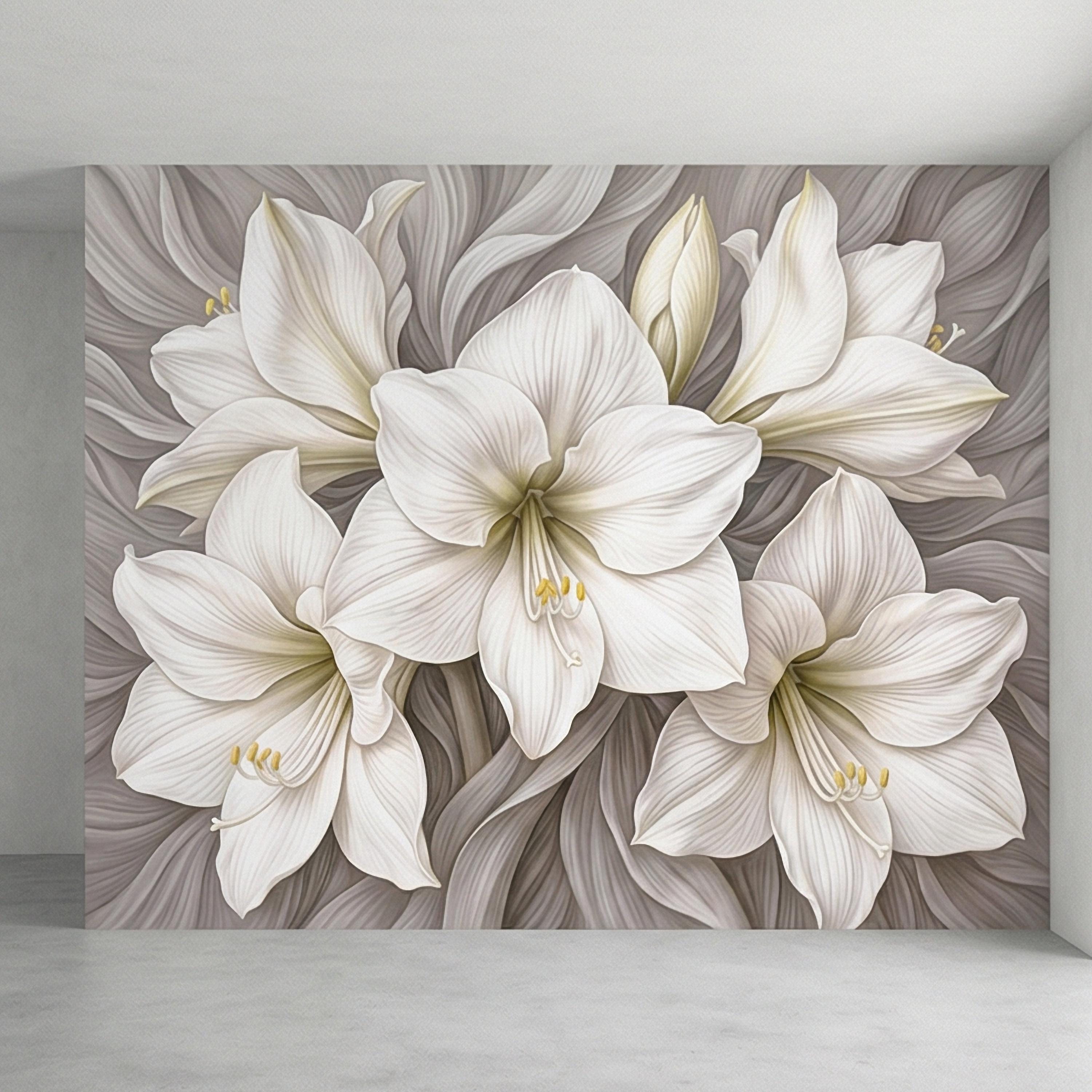 White Lily Peel and Stick Wall Mural, Neutral Floral, Elegant Large Bloom Botanical, Soft Taupe Luxury Wallpaper