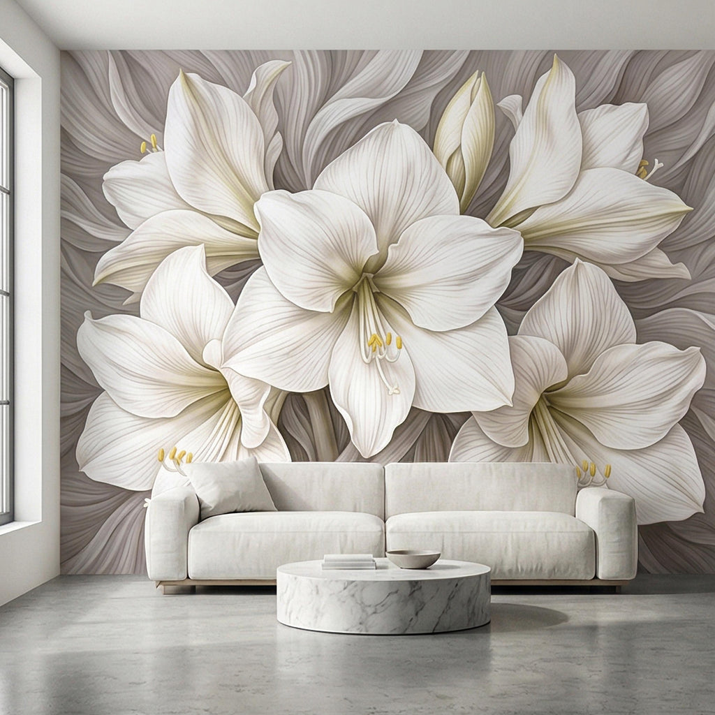 White Lily Peel and Stick Wall Mural, Neutral Floral, Elegant Large Bloom Botanical, Soft Taupe Luxury Wallpaper