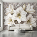 White Lily Peel and Stick Wall Mural, Neutral Floral, Elegant Large Bloom Botanical, Soft Taupe Luxury Wallpaper