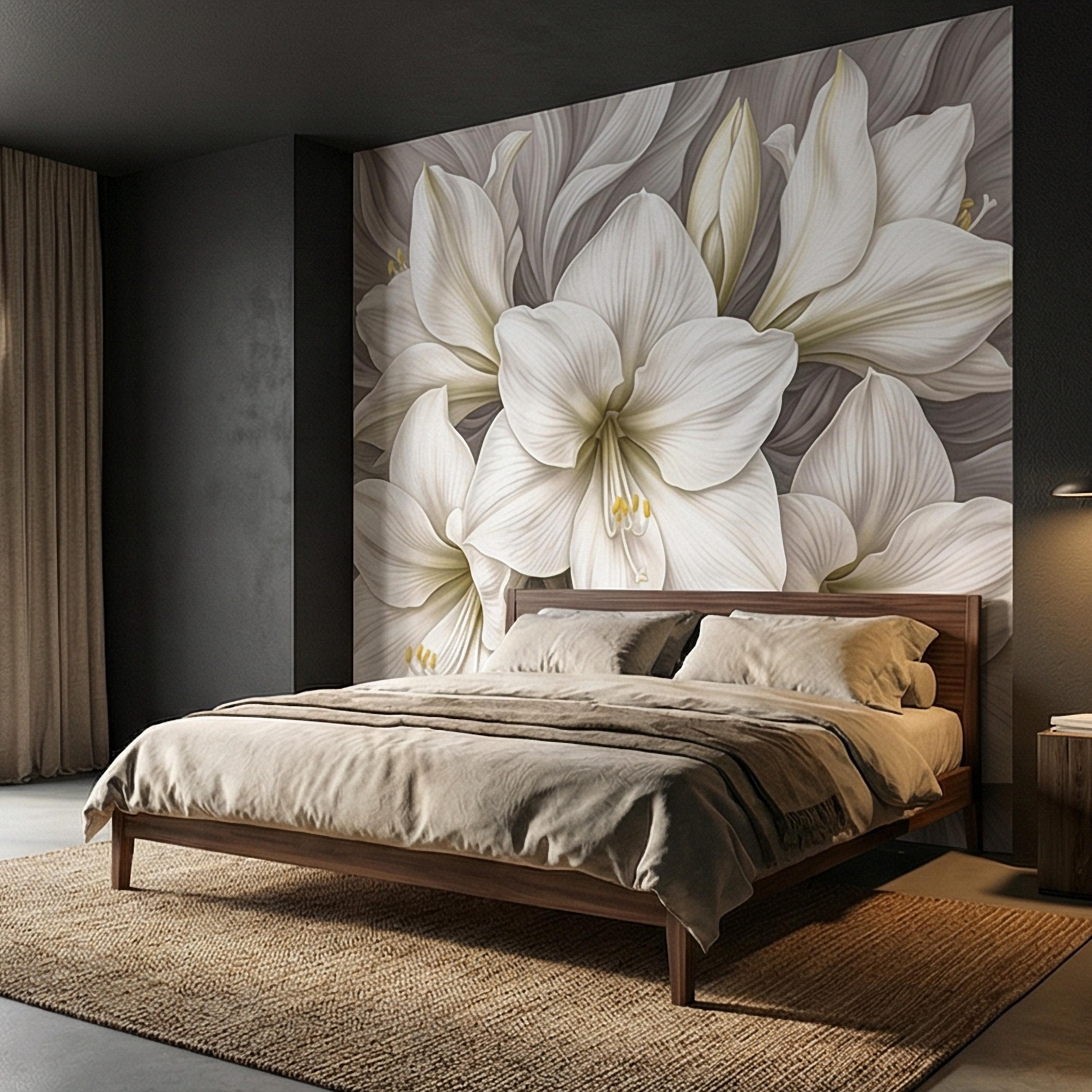 White Lily Peel and Stick Wall Mural, Neutral Floral, Elegant Large Bloom Botanical, Soft Taupe Luxury Wallpaper