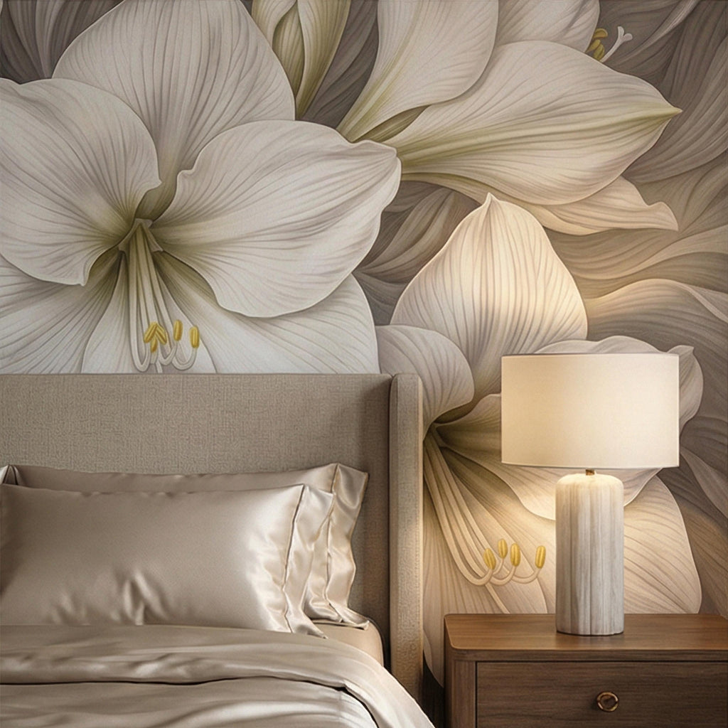 White Lily Peel and Stick Wall Mural, Neutral Floral, Elegant Large Bloom Botanical, Soft Taupe Luxury Wallpaper