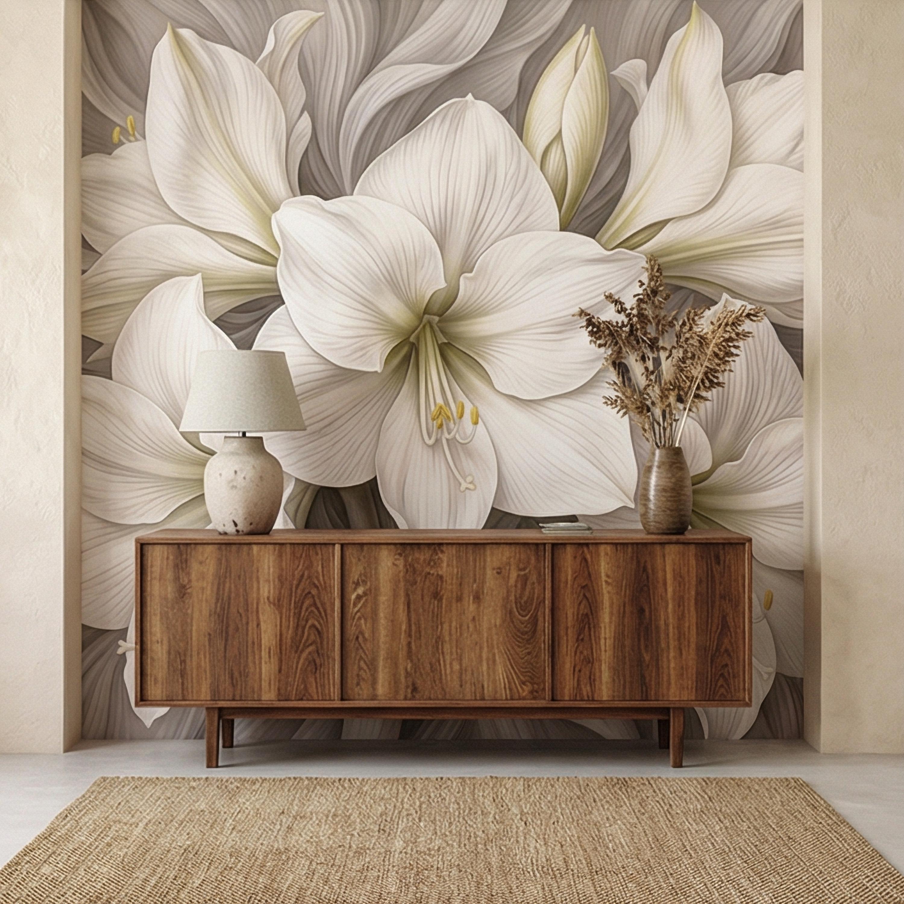 White Lily Peel and Stick Wall Mural, Neutral Floral, Elegant Large Bloom Botanical, Soft Taupe Luxury Wallpaper