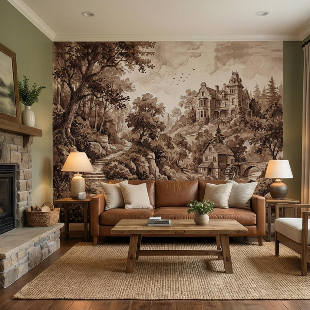 Vintage Sepia Victorian Cottage Peel and Stick Wall Mural, Rustic Old Mill Landscape Wallpaper