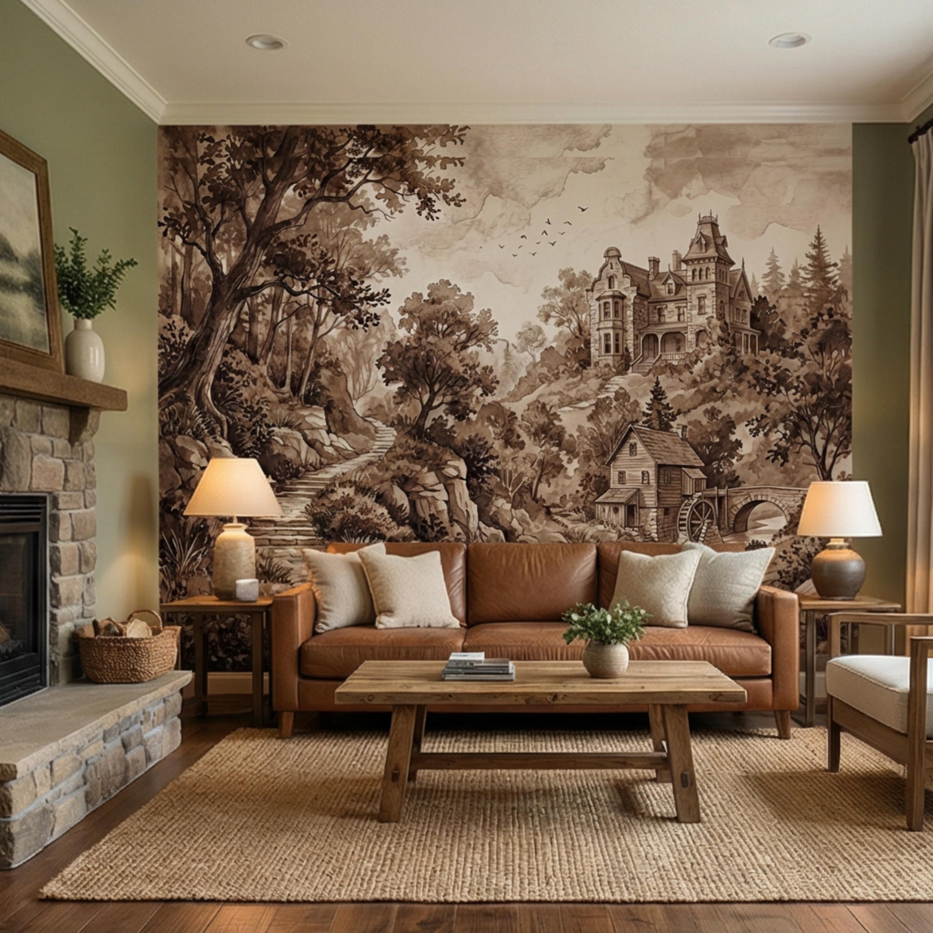 Vintage Sepia Victorian Cottage Peel and Stick Wall Mural, Rustic Old Mill Landscape Wallpaper