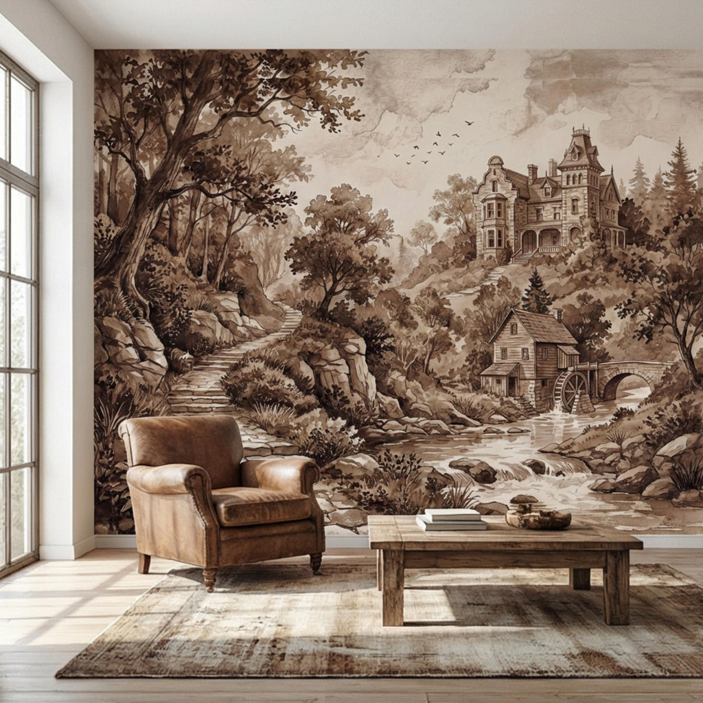 Vintage Sepia Victorian Cottage Peel and Stick Wall Mural, Rustic Old Mill Landscape Wallpaper