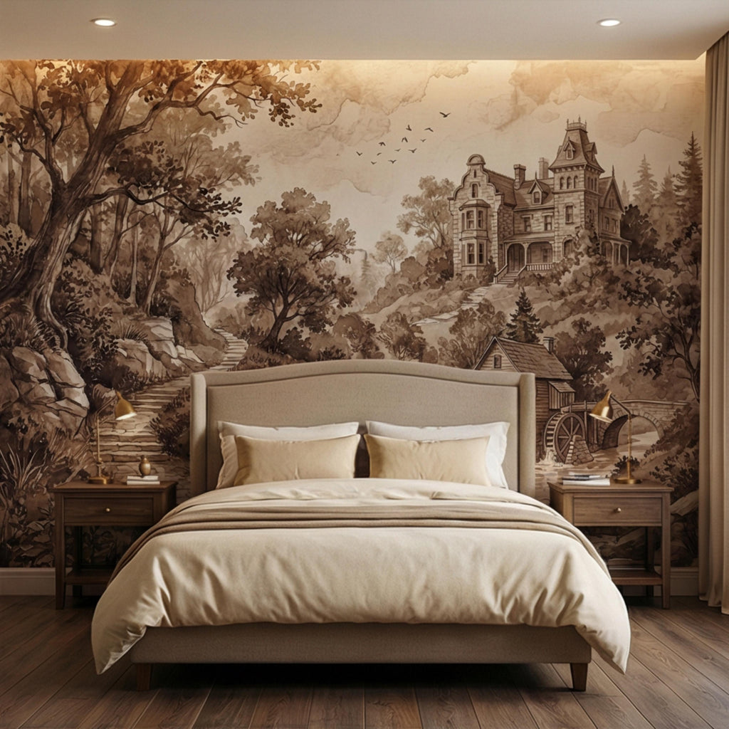 Vintage Sepia Victorian Cottage Peel and Stick Wall Mural, Rustic Old Mill Landscape Wallpaper