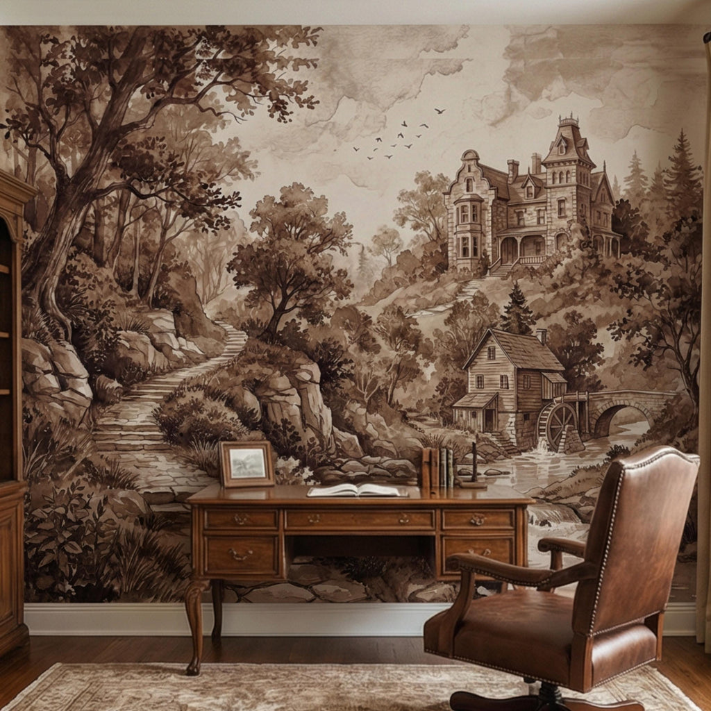 Vintage Sepia Victorian Cottage Peel and Stick Wall Mural, Rustic Old Mill Landscape Wallpaper