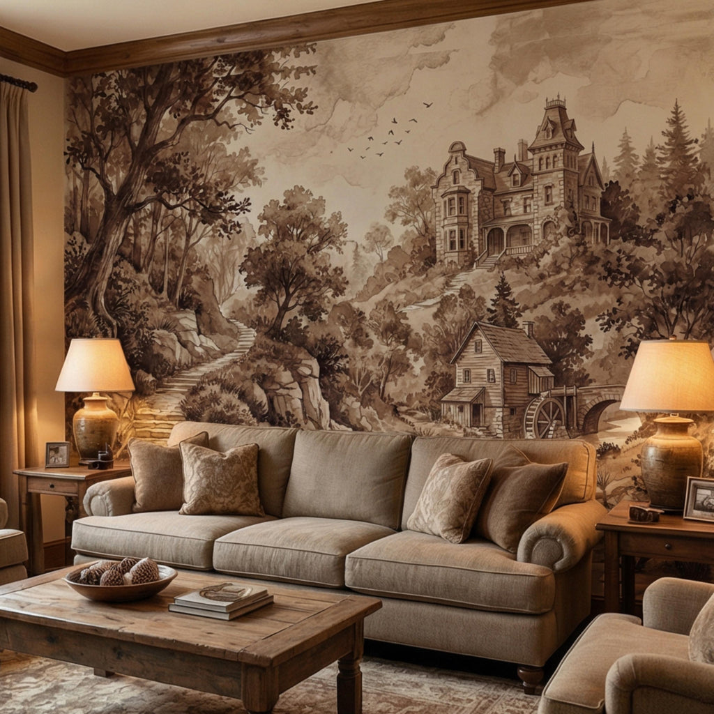 Vintage Sepia Victorian Cottage Peel and Stick Wall Mural, Rustic Old Mill Landscape Wallpaper